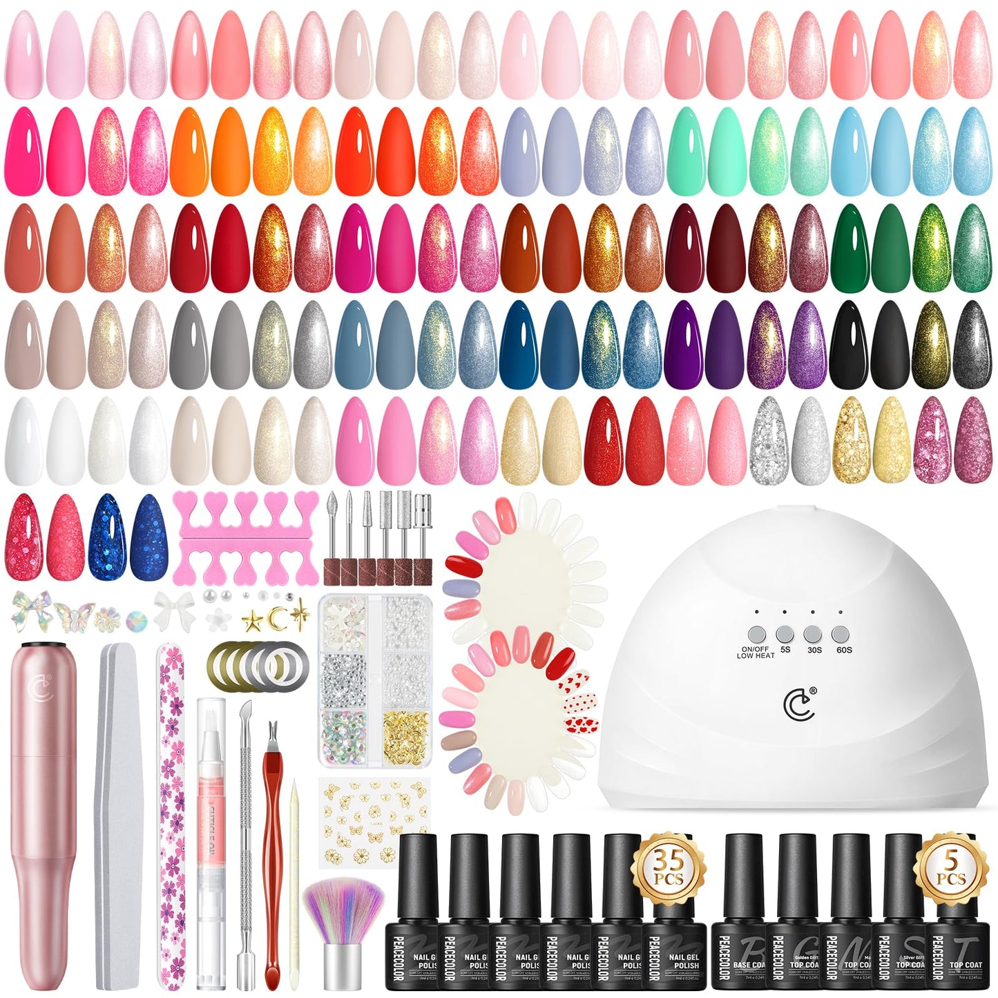 PEACECOLOR 58PCS Gel Nail Polish Set: 35+5 Colours Nail Gel Polish with Drill and Lamp, White Pink Red Nail Kit, Glossy Matte Glitter Base Top Coat,