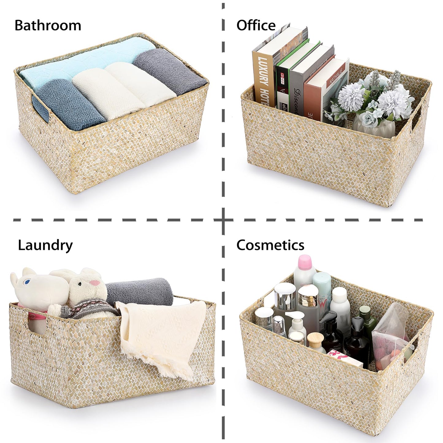 IGNPION Seagrass Storage Basket Woven Seagrass Desktop Rectangular Bathroom Storage Organiser Box