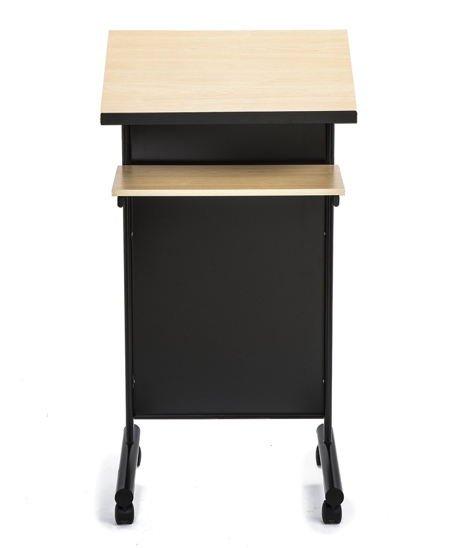 Audio-Visual Direct Wheeled Lectern with Storage Shelf - Beech/Black - Compact Standing Desk for Reading - LapTop Stand