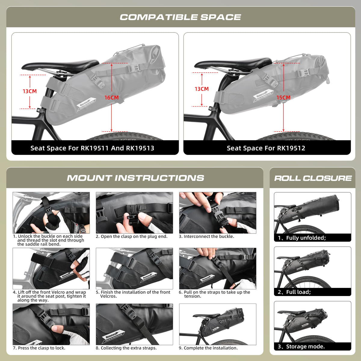 Rhinowalk Bike Saddle Bag Waterproof Bicycle Bag Cycling Seat Bag Mountain Road Portable Storage Bag, 5L