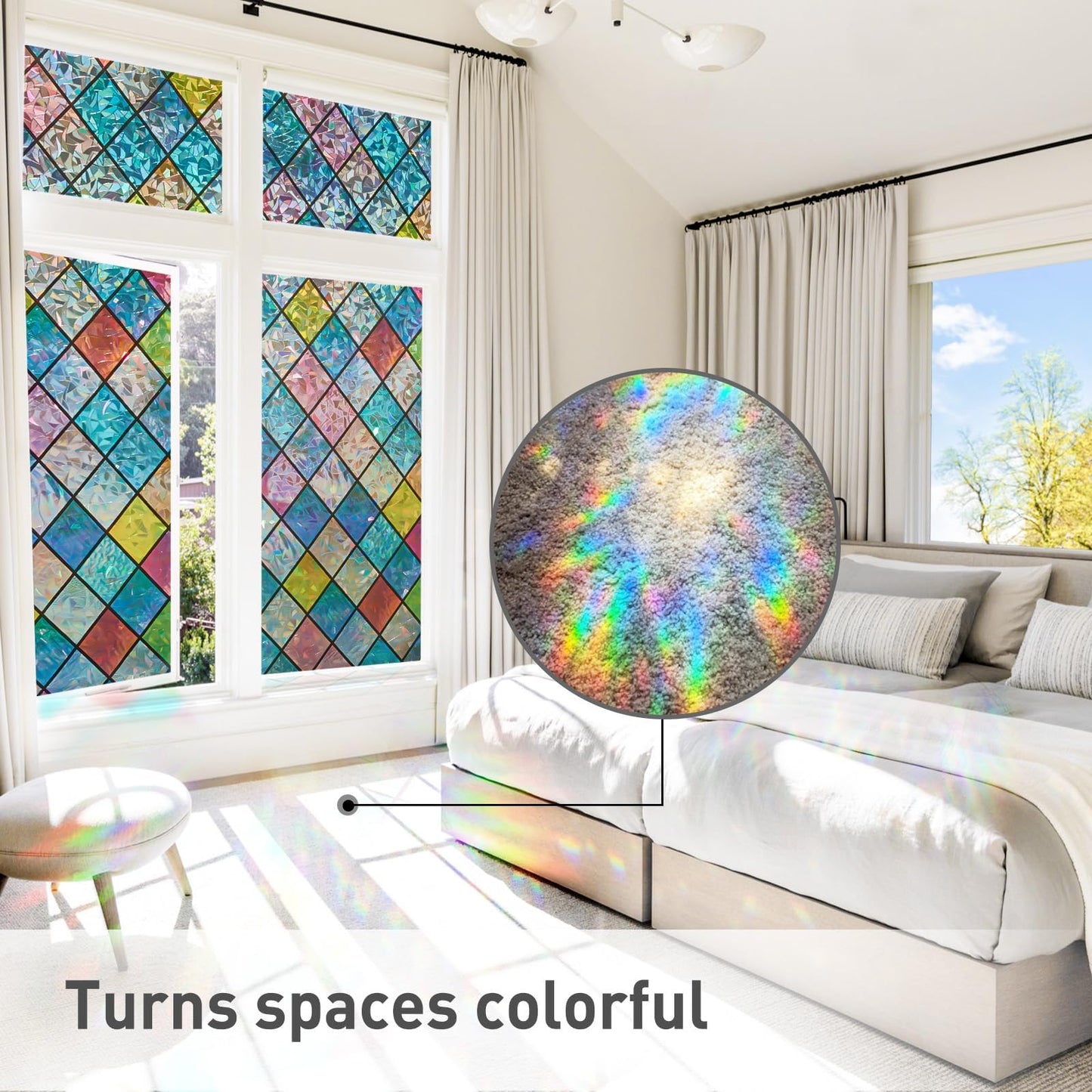 Lifetree Stained Glass Window Film: 3D Rainbow Window Film Privacy self Adhesive No Glue Window Privacy Film Crescent Patterned Vinyl Film UV Blocking