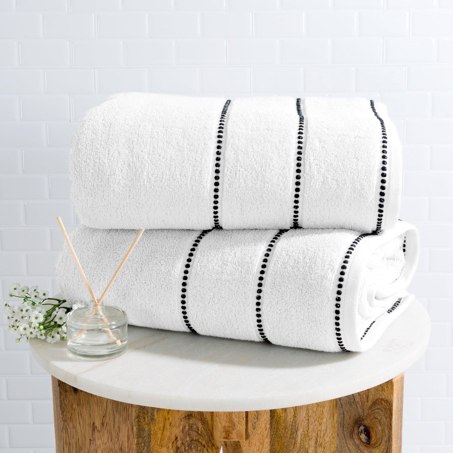Luxury Cotton Towel Set- 2 Piece Bath Sheet Set Made From 100% Zero Twist Cotton- Quick Dry, Soft and Absorbent By Bedford Home (White/Black)