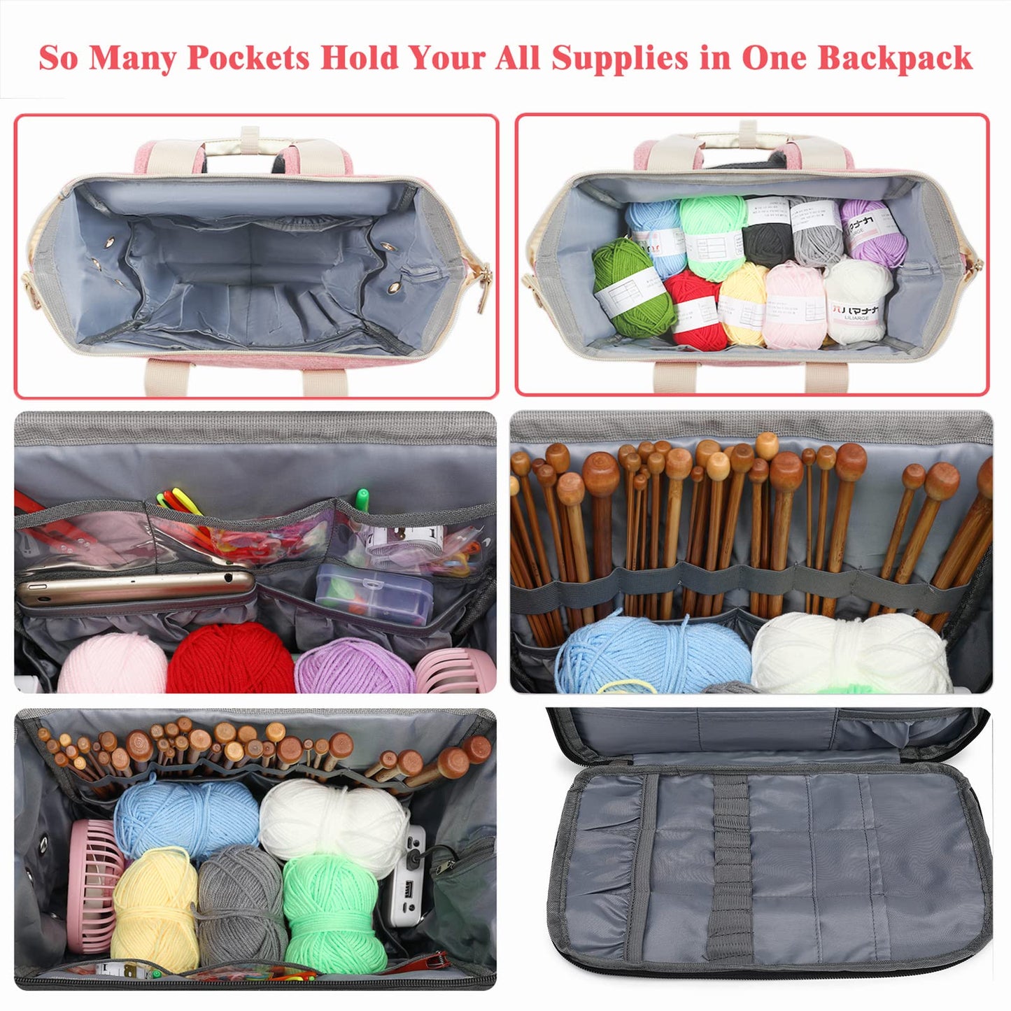 Knitting Bag Backpack,Yarn Storage Organizer Travel Crochet Bag with USB Charging Port,Large Capacity Yarn Storage Tote Bag Yarn Holder Case for