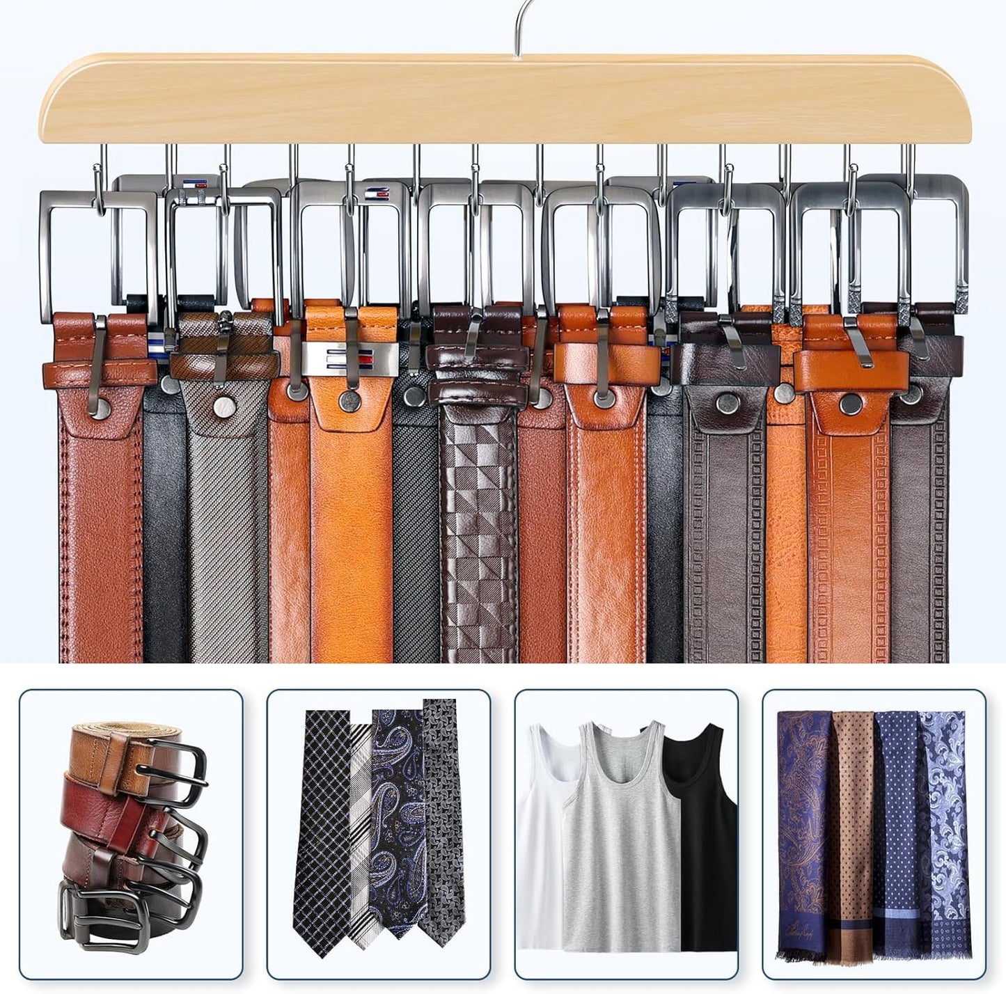 DIRXVMC Belt Hanger for Closet Max 42 Belts, Belt Organizer Closet Accessories with 14 Hooks Belt Rack Sturdy Wood for Closet Organizers and Storage