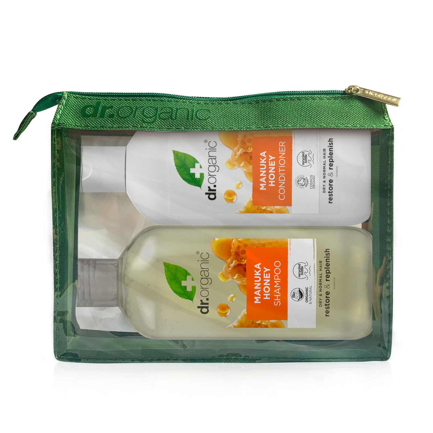 Dr Organic Manuka Honey Shampoo & Conditioner Set with Travel Bag, Restoring, Dry Hair, Natural, Vegetarian, Cruelty-Free, Paraben & SLS-Free,