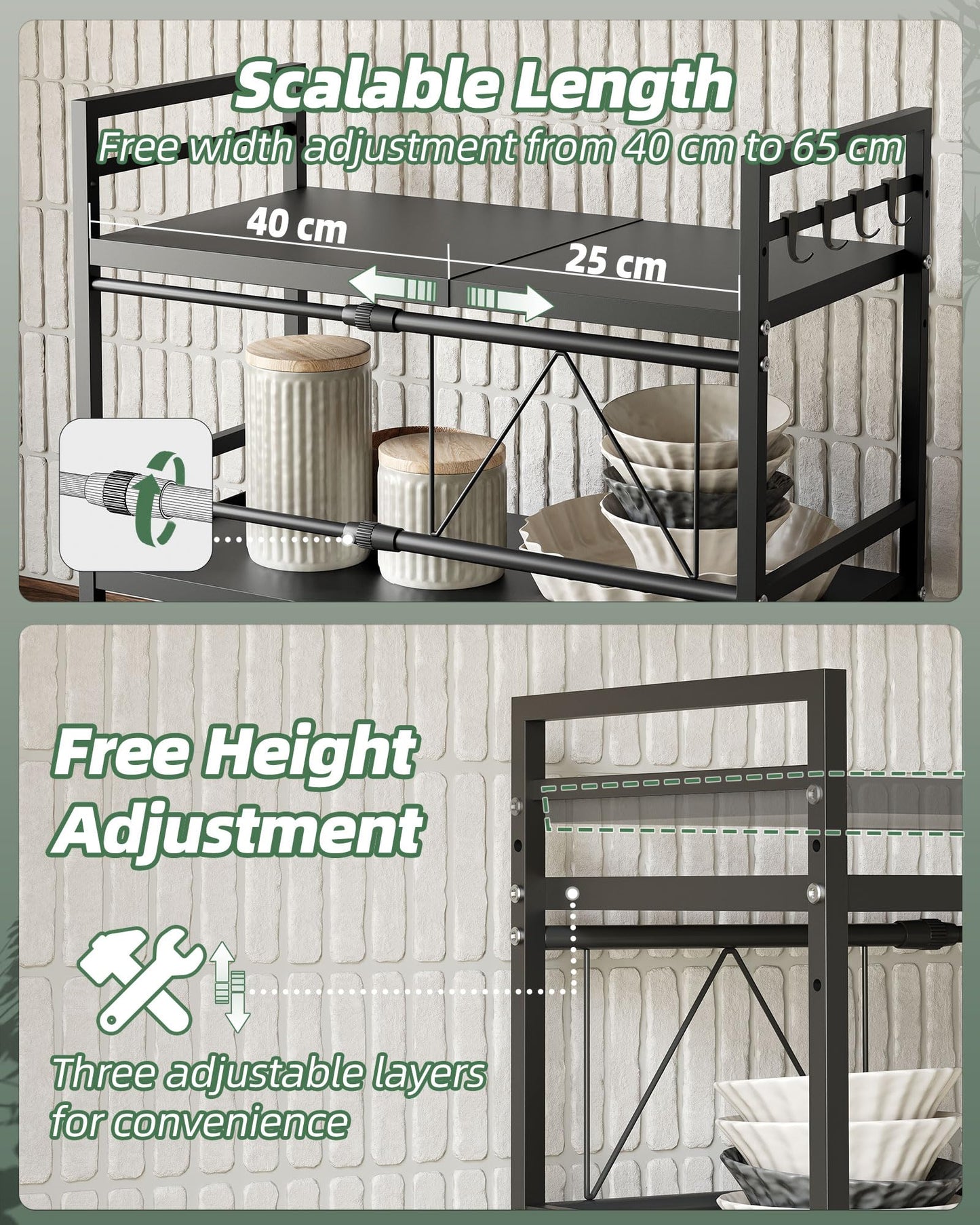 NETEL Expandable Microwave Shelf, 2-tier Microwave Oven Rack with Spice Basket, Kitchen Roll Holder & 4 Hooks, Countertop Organiser