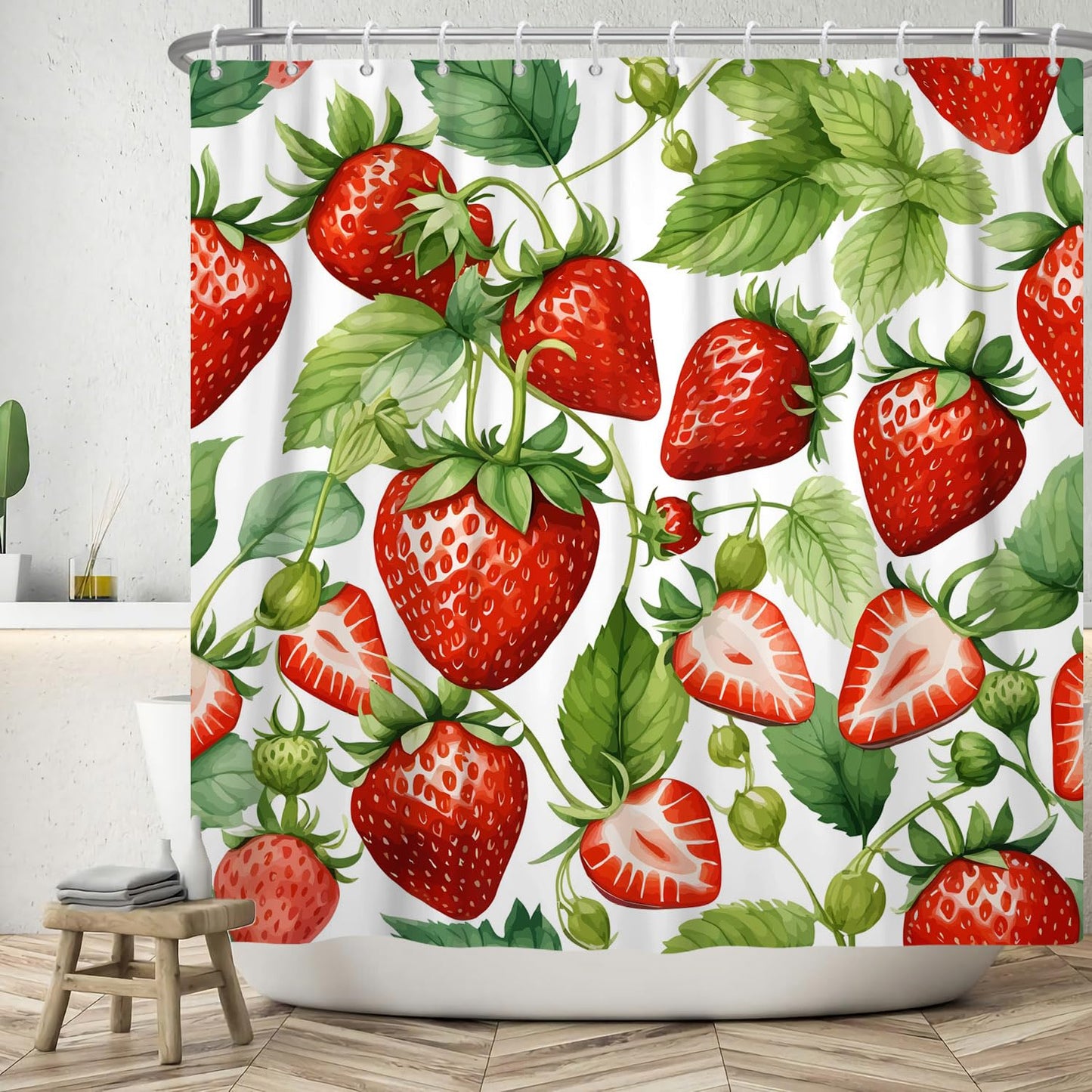 ASDCXZ Strawberry Shower Curtain 180x200 cm, Spring Summer Simplicity Red Strawberry Green Leaves White Washable Shower Curtains Polyester Textile