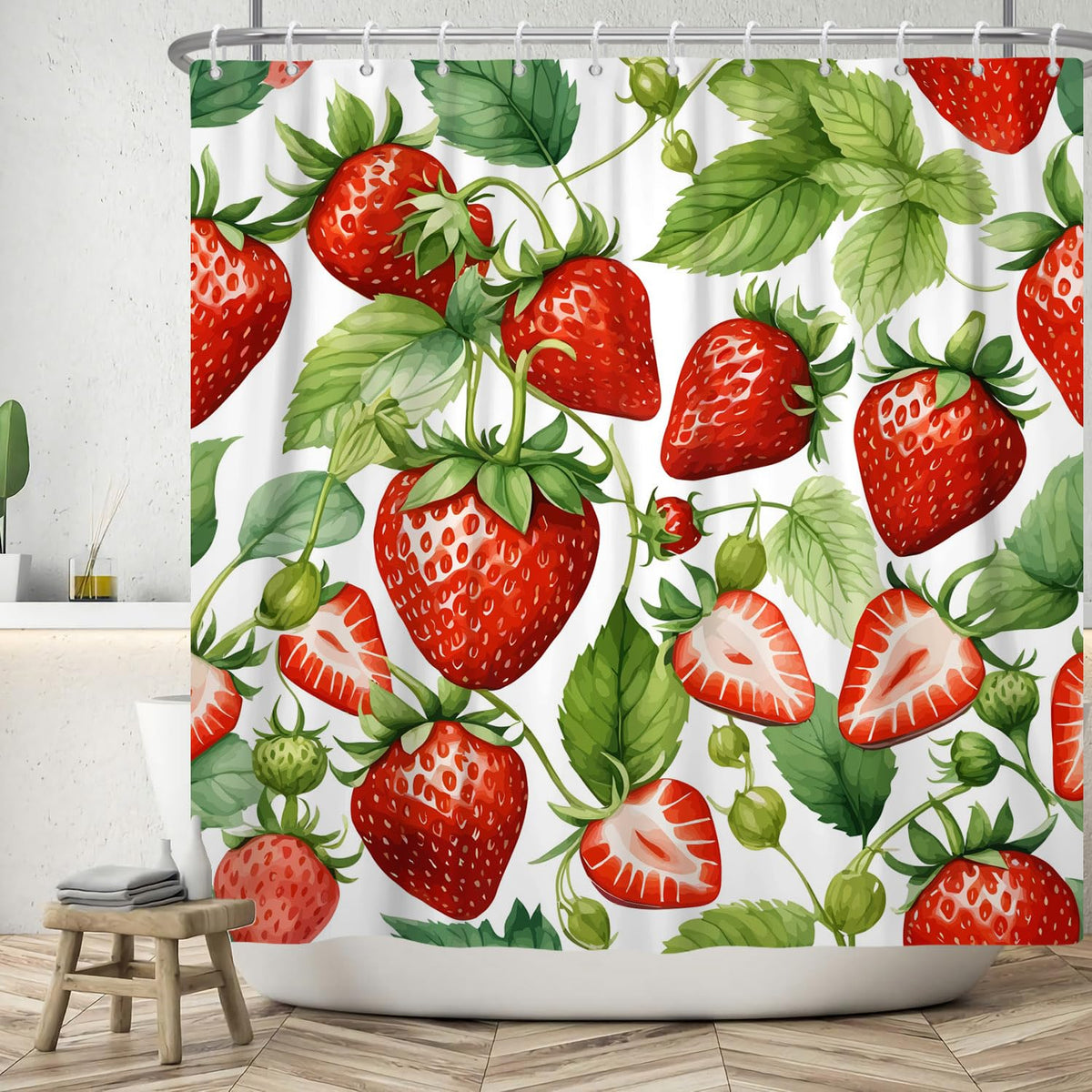ASDCXZ Strawberry Shower Curtain 180x180 cm, Spring Summer Simplicity Red Strawberry Green Leaves White Washable Shower Curtains Polyester Textile