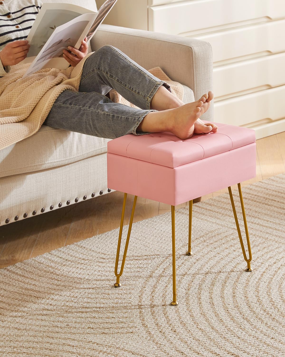 IBUYKE Multifunctional Storage Vanity Stool with Flip Tabletop, Adjustable Metal Legs & PU Leather - 40x30x48cm Ottoman Footrest for Makeup, Living