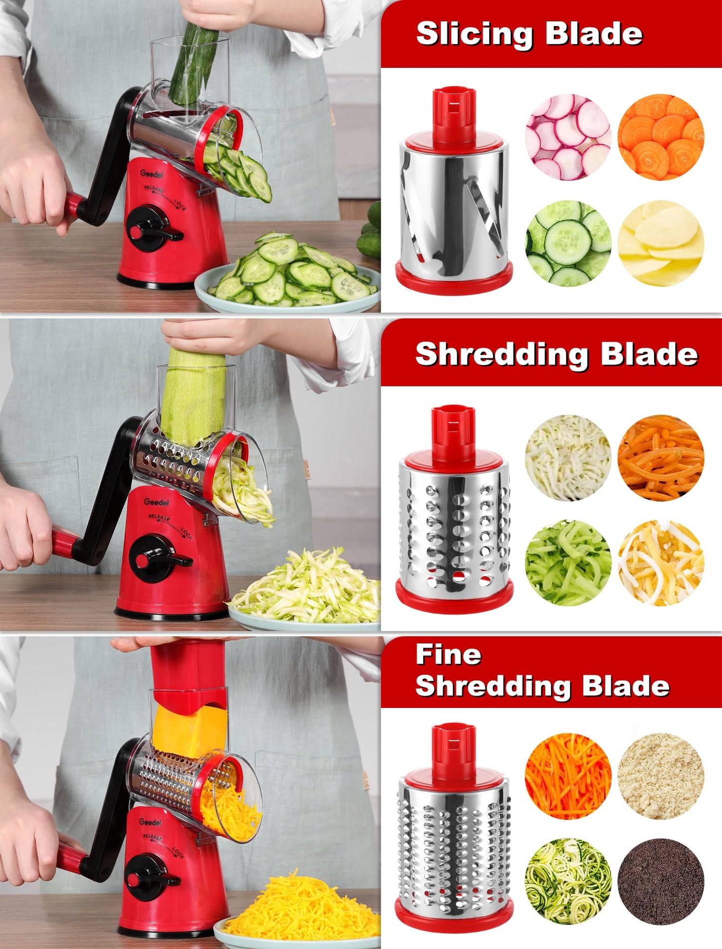 Geedel Cheese Grater, Vegetable Slicer with 5 Replaceable Blades, Rotary Drum Grater for Cheese Cucumber Carrot Potato Nut, Ice Crusher for Smoothie