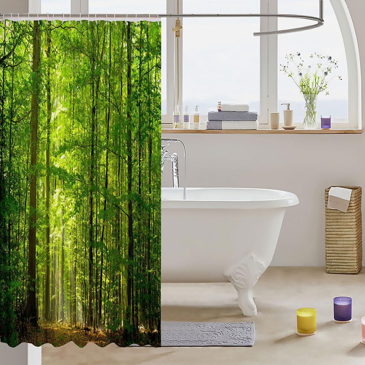 Loussiesd Woodland Shower Curtain 180x240cm Summer Forest Waterproof Shower Curtain Woodland Nature Jungle Waterproof Fabric Bathroom Sunlight
