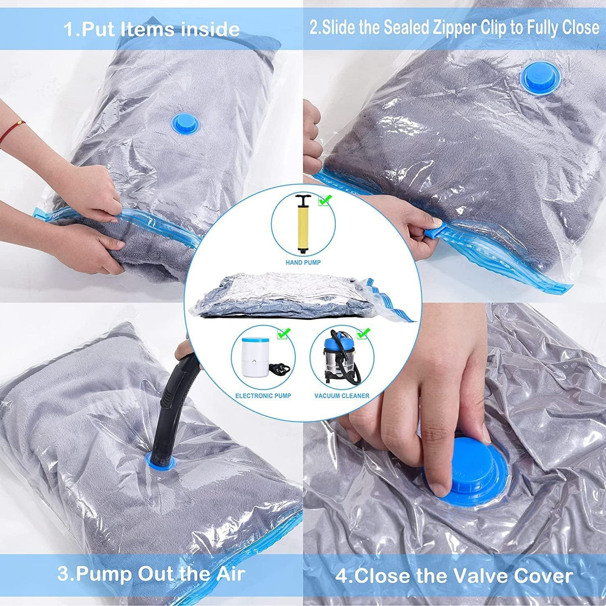 QH7 Small Vacuum Storage Bags. 80% More Storage,Travel Vacuum bags clothes, Double-Zip Seal and Triple Seal Turbo-Valve for Max Space Saving,Reusable