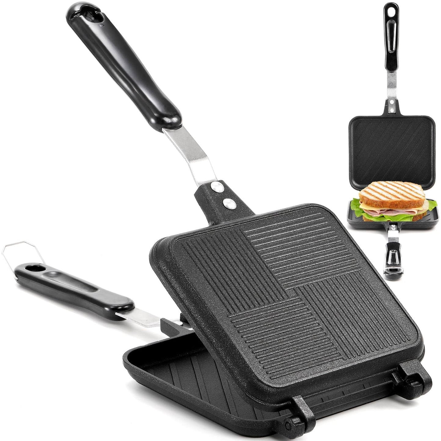 Elsjoy Non-Stick Camping Sandwich Panini Maker with Handle, Aluminum Double Sided Frying Pans Detachable Grilled Sandwich Flip Pan, Stovetop Toasted