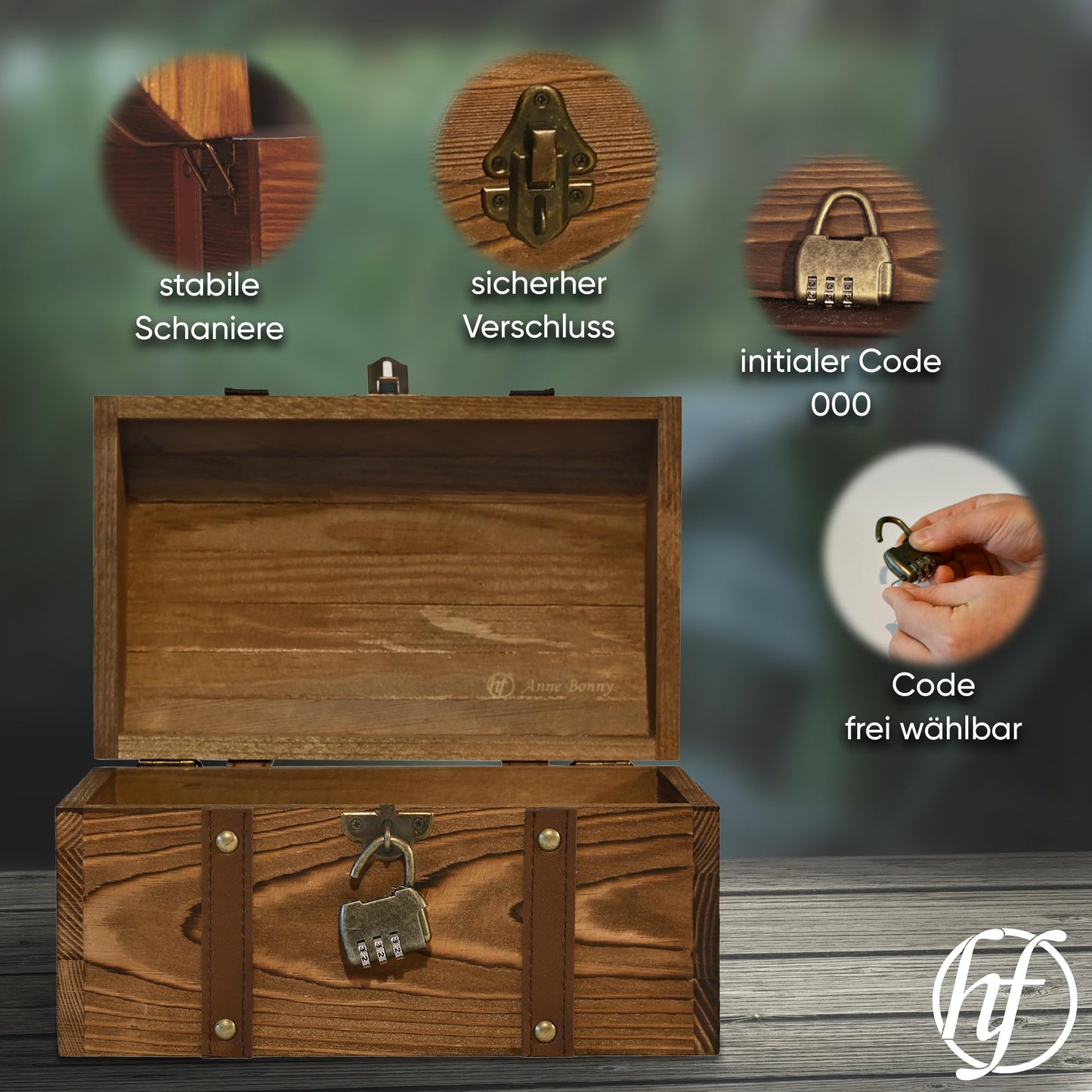 Heimfreude Treasure Chest "Anne Bonny" 25 x 15.5 x 15.5 cm Made of Solid Pine Wood with Lock for a Gift