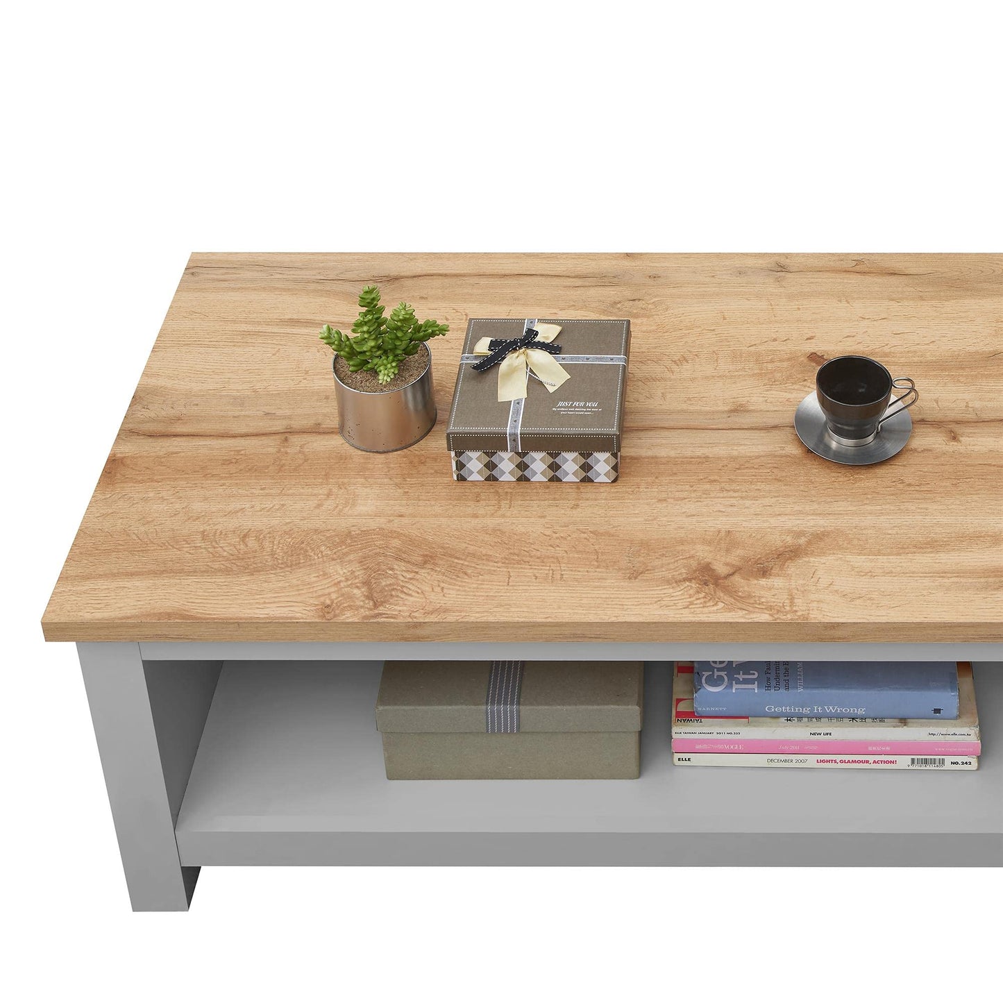 Timber Art Design UK Lisbon Coffee Table With Open Shelf Storage for Living Room, Home, Bedroom Furniture, Grey with Oak Effect - 120 x 49.6 x 60 cm