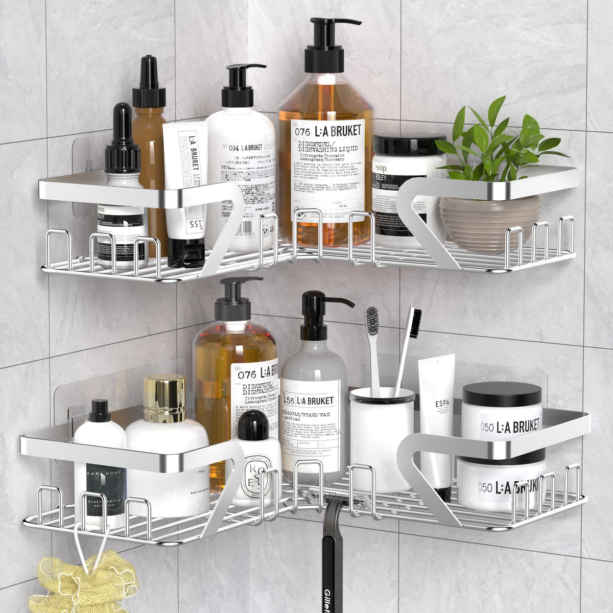 Kegii Shower Caddy Corner with Soap Holder, 2 Pack Stainless Steel Shampoo Organizer, No Drilling Adhesive Corner Shower Shelf Bathroom Organizer for
