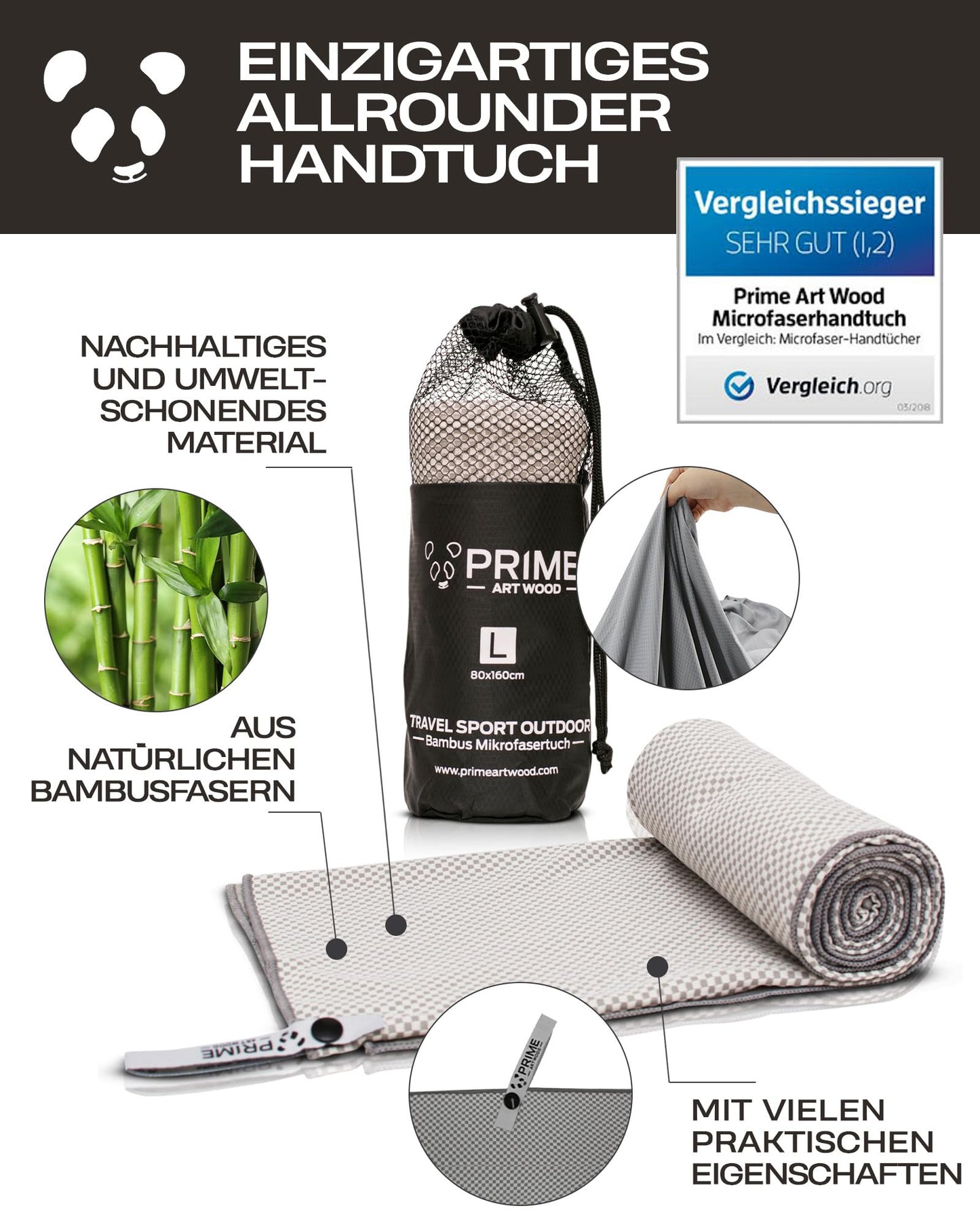 PRIME ART WOOD Travel Towel Bamboo 200 x 80 cm Grey