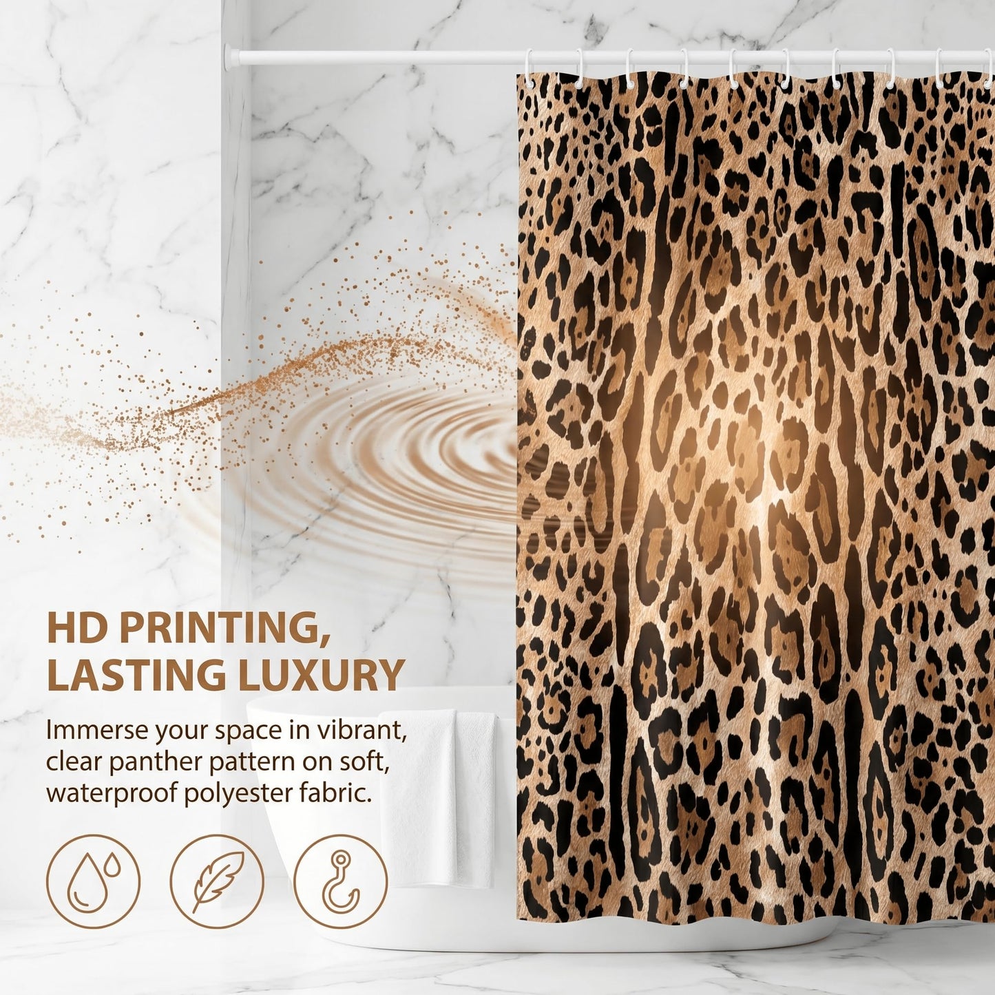 goodbath Leopard Print Shower Curtain 180x180 cm, Animal Pattern Cheetah Shower Curtains for Bathroom, Waterproof Fabric Bath Curtain with Hooks