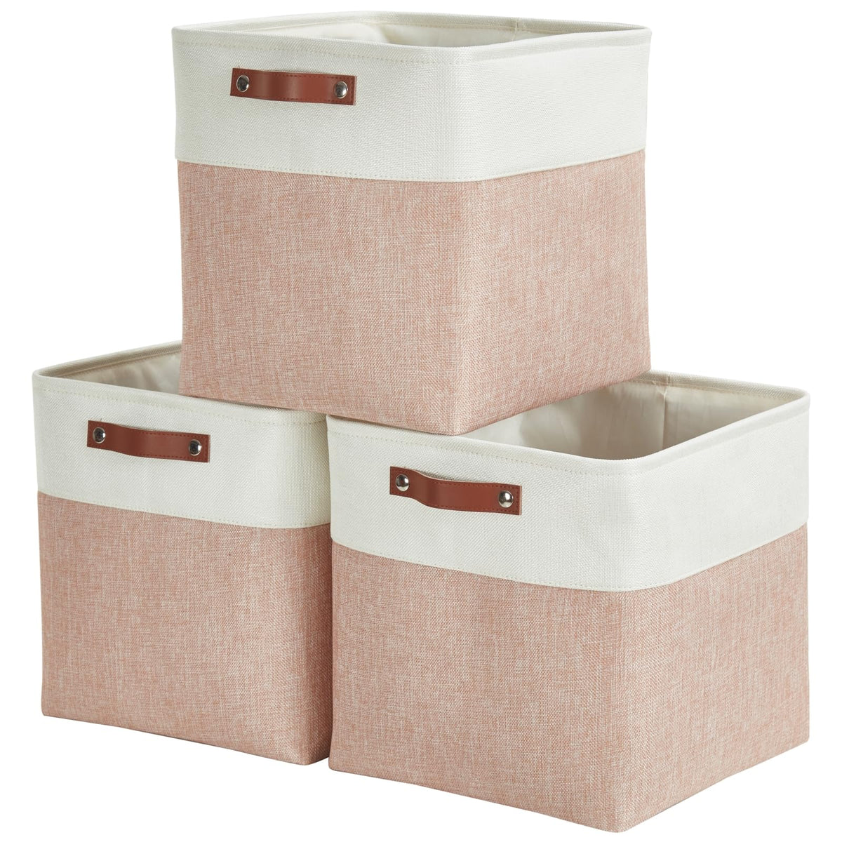 Mangata Collapsible Storage Cube Boxes, 30CM Cube Linen Woven Fabric Storage Baskets with Leather Handles 3PCS(Pink and White)