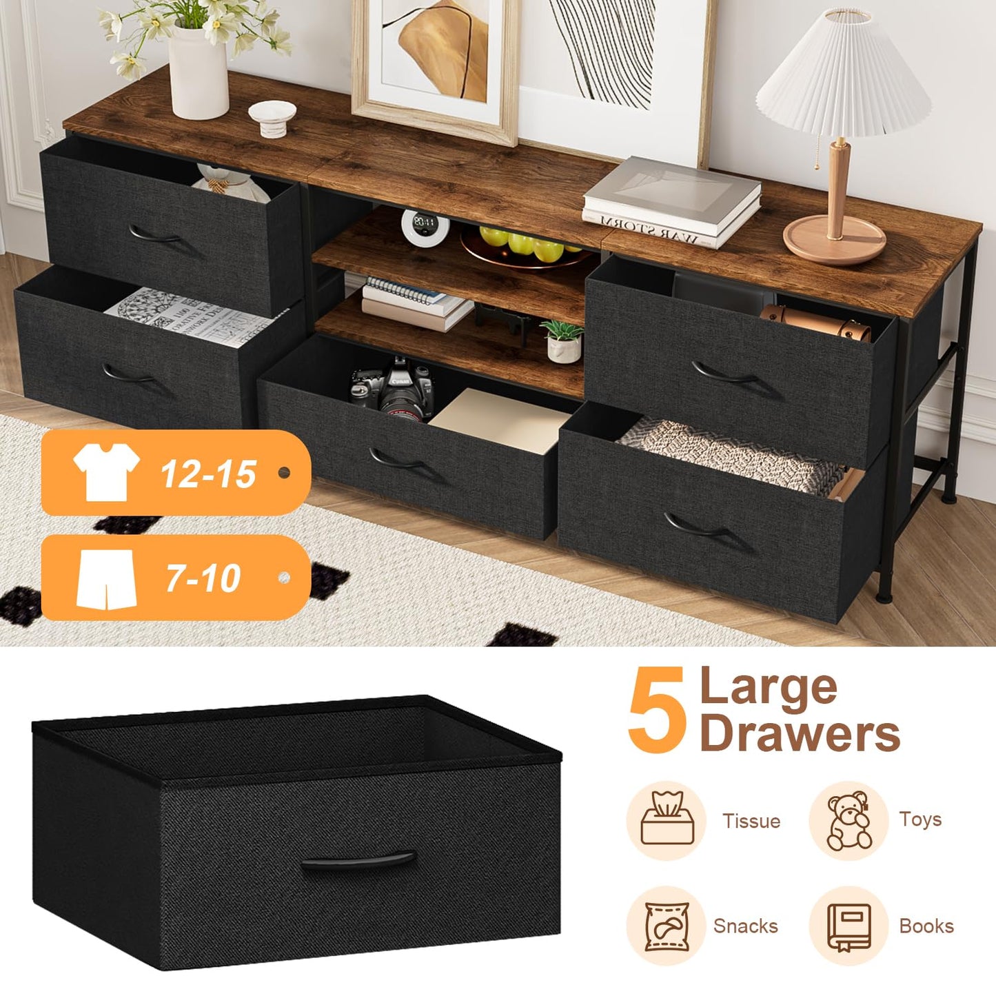 Forthcan TV Stand Cabinet, TV Unit with 5 Drawers, 140 cm, Black