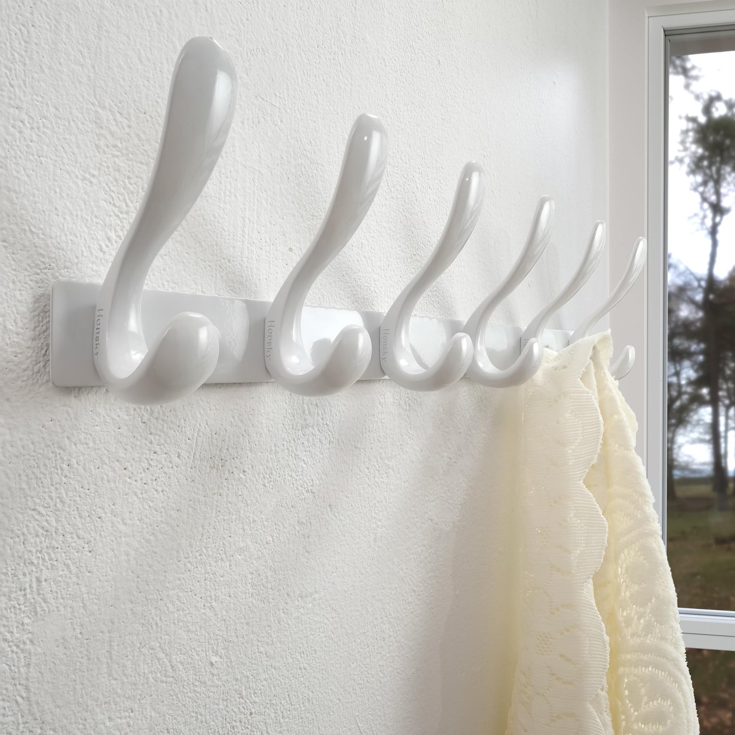 HONSKY 44cm Wall Mounted Coat Rack with 6 Doube Metal Hooks, White