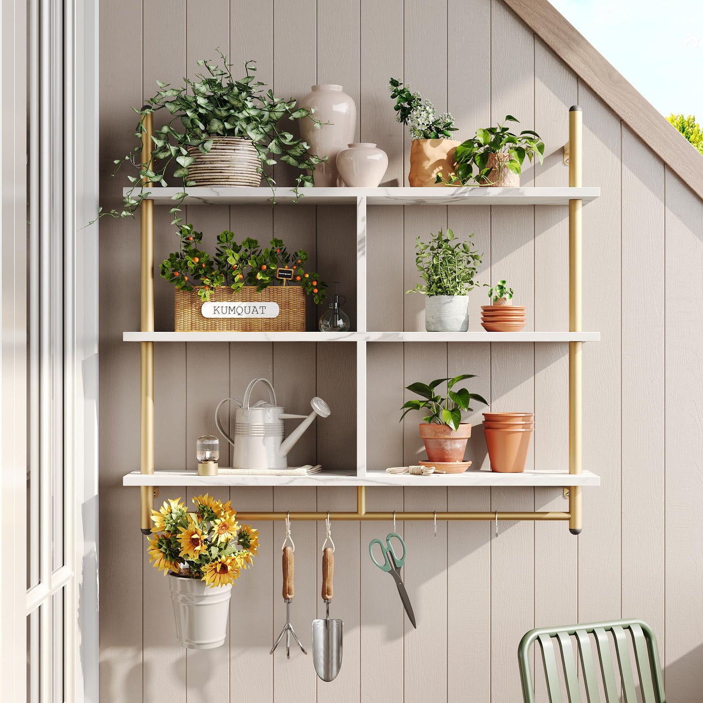 Bestier 3 Tier Floating Pipe Shelving 115CM Industrial Wall Mounted Ladder Shelf Hanging with Circular Tube with Hooks Wood Display Storage Home Decor