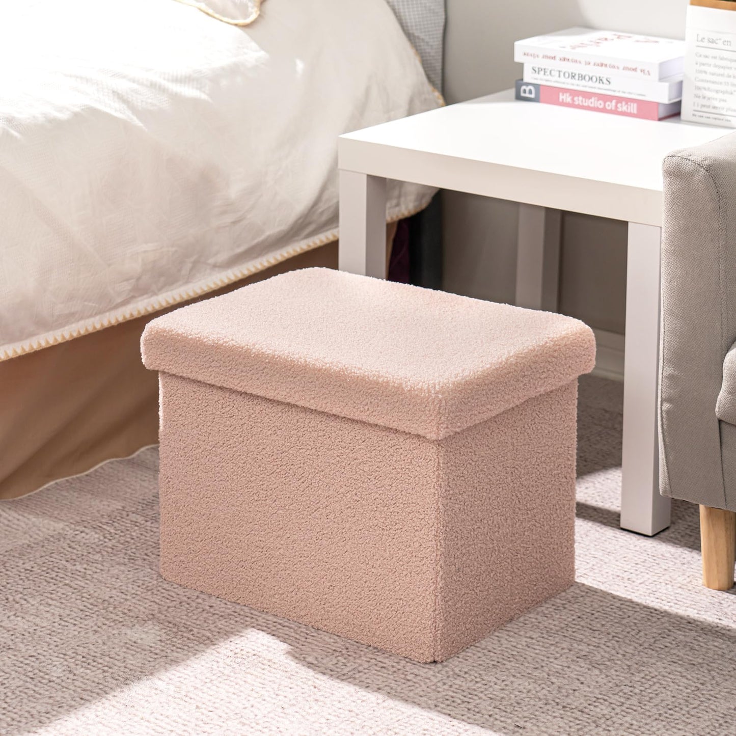 Bonlife Ottoman Seat with Storage,Folding Small Footstool for Living Room,Cube Toy Chest Box,Foot Rest,Sherpa Fabric,Pink,42x32x32cm