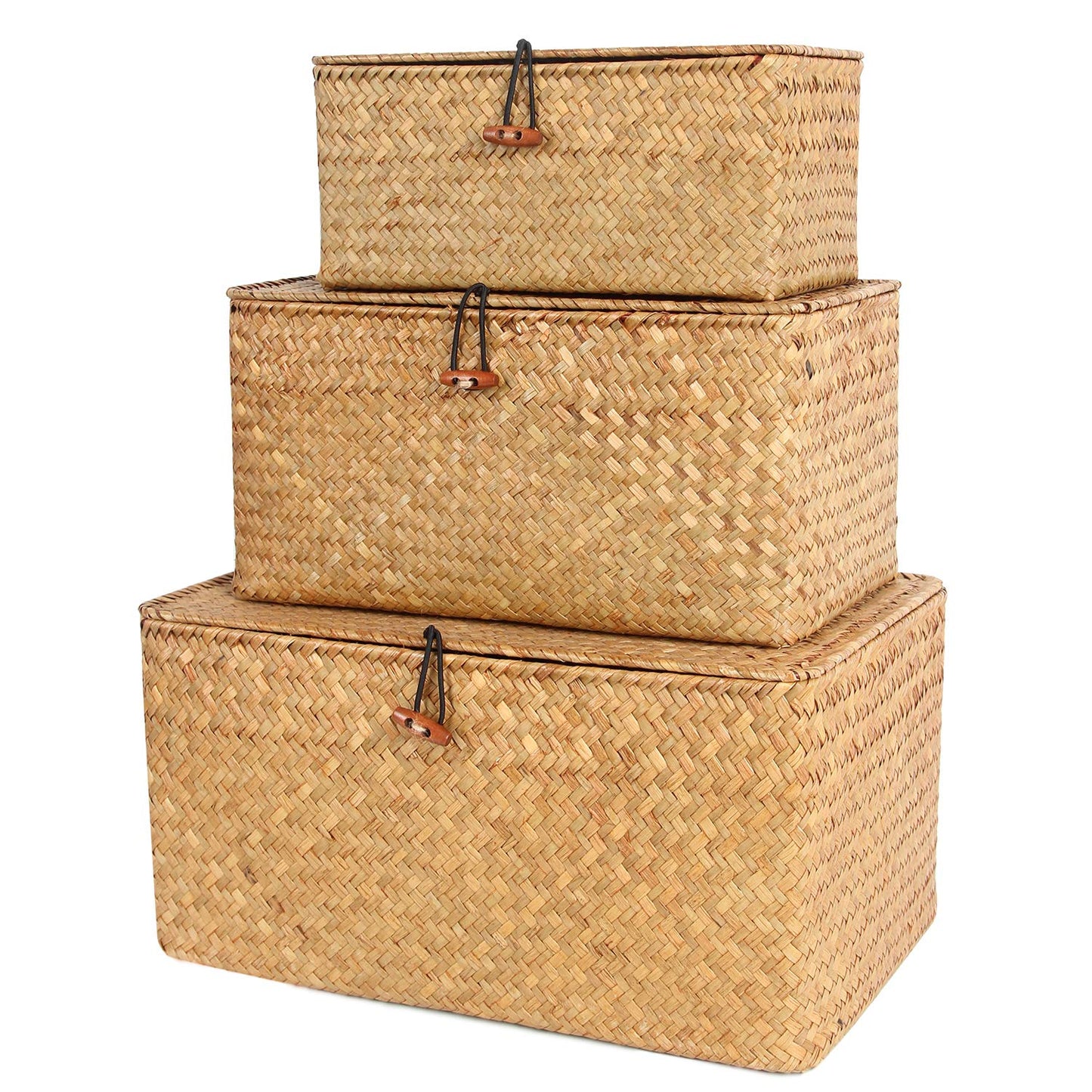 FEILANDUO Wicker Storage Baskets with Lids Seagrass Woven Baskets for Shelves Stackable Storage Boxes for Organizing Rattan Bins