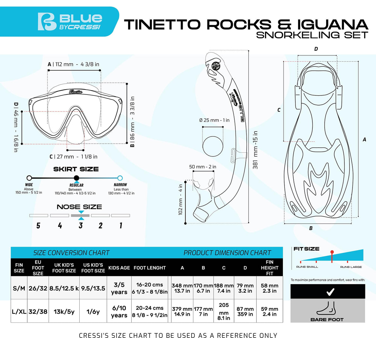 CRESSI Tinetto Rocks Dry Set Blue Navy/Ice Cyan S/M - Kids Snorkeling Set Short Adjustable Fins, Silicone Mask, and Dry Snorkel, Blue Navy/Ice Cyan,