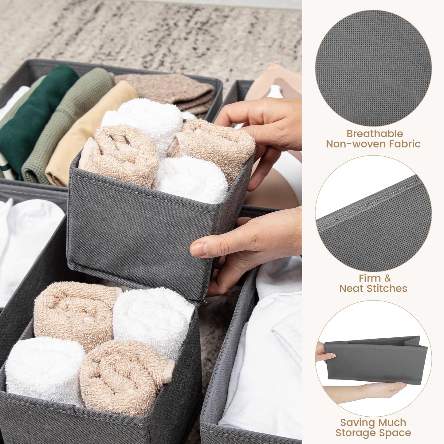 Vivantia 12 Pack Fabric Drawer Organisers for Clothes 3 Sizes Foldable Wardrobe Storage Organiser Bins Underwear Drawer Dividers Clothes Storage