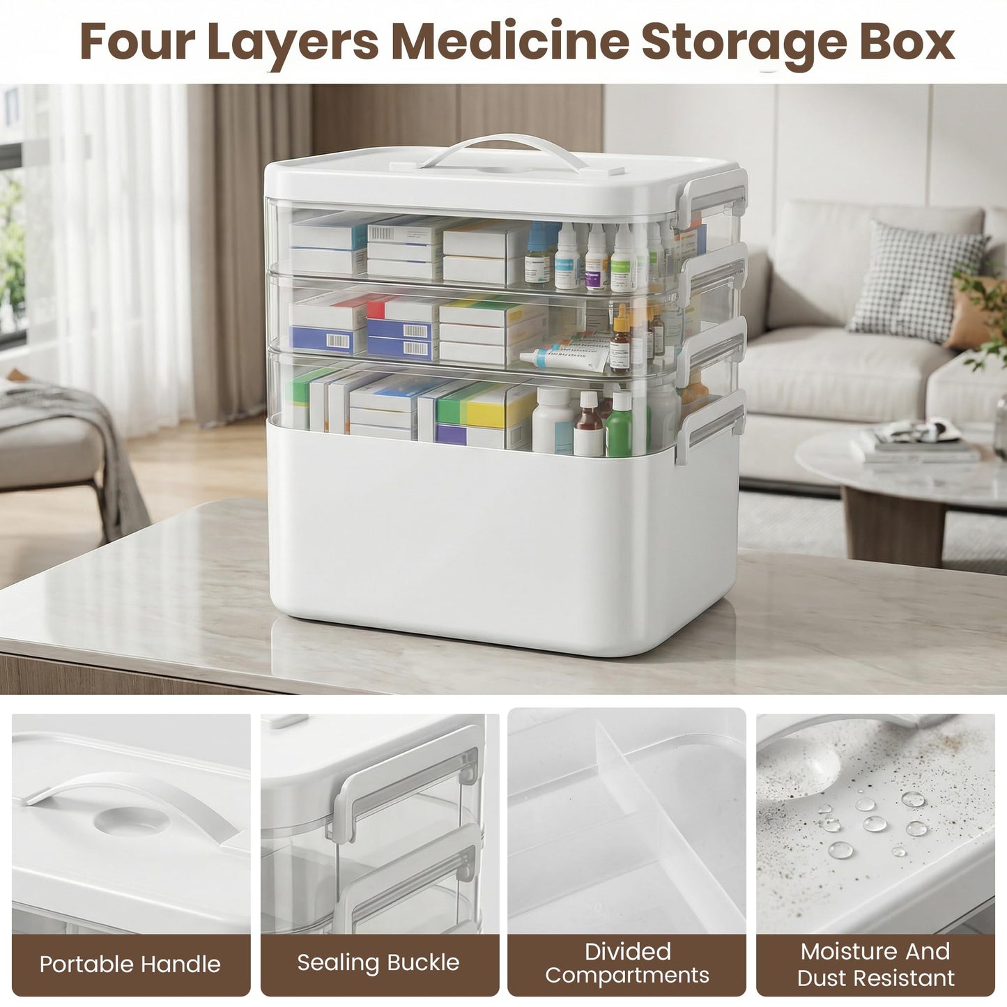 Kryndle Medicine Storage Box, 4 Layer Medicine Box with Compartments