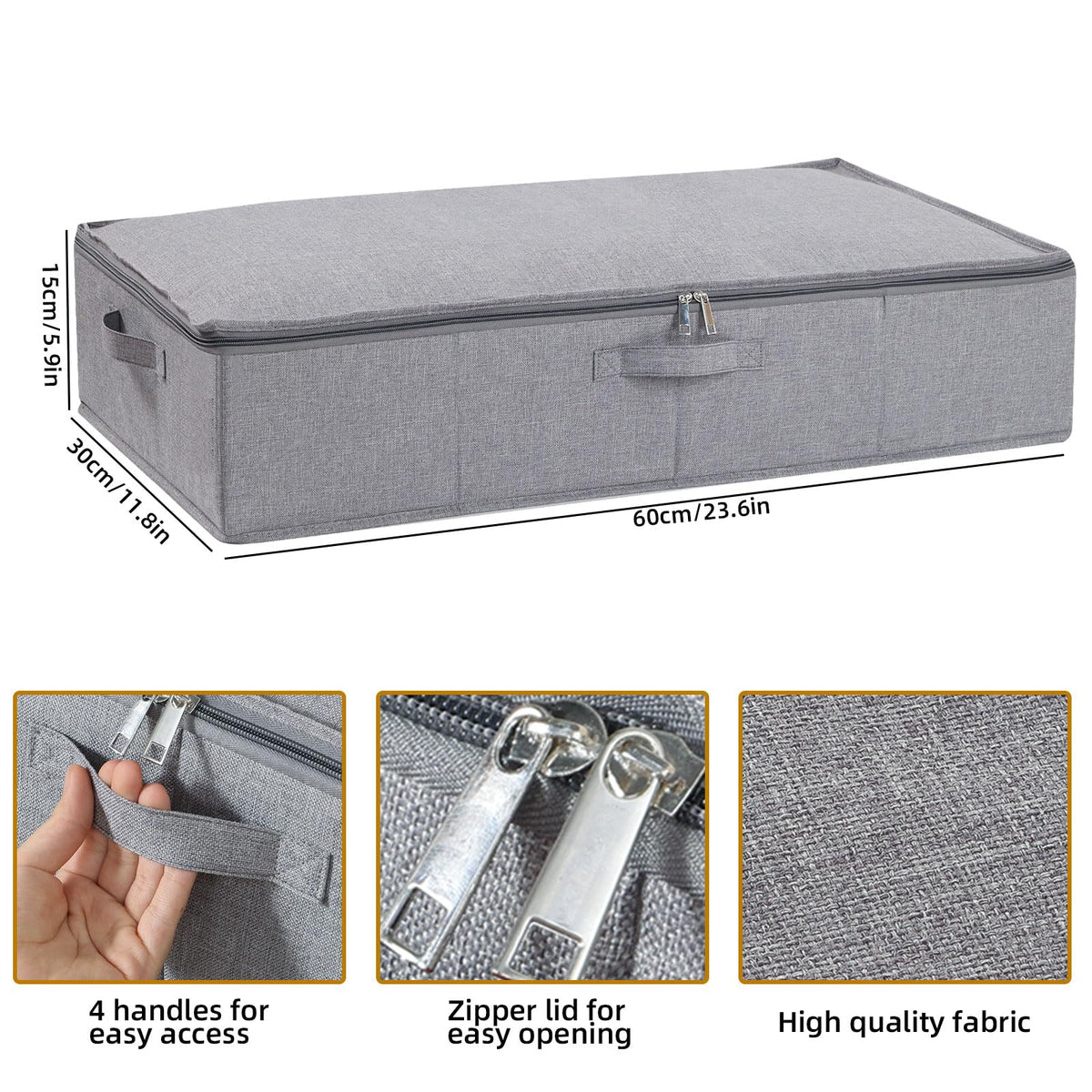 YheenLf Under Bed Storage Box with Lid, Foldable Wardrobe Organiser with Reinforced Handles for Blanket, Sheets, Clothing, Shoes, Grey, 3-Pack,
