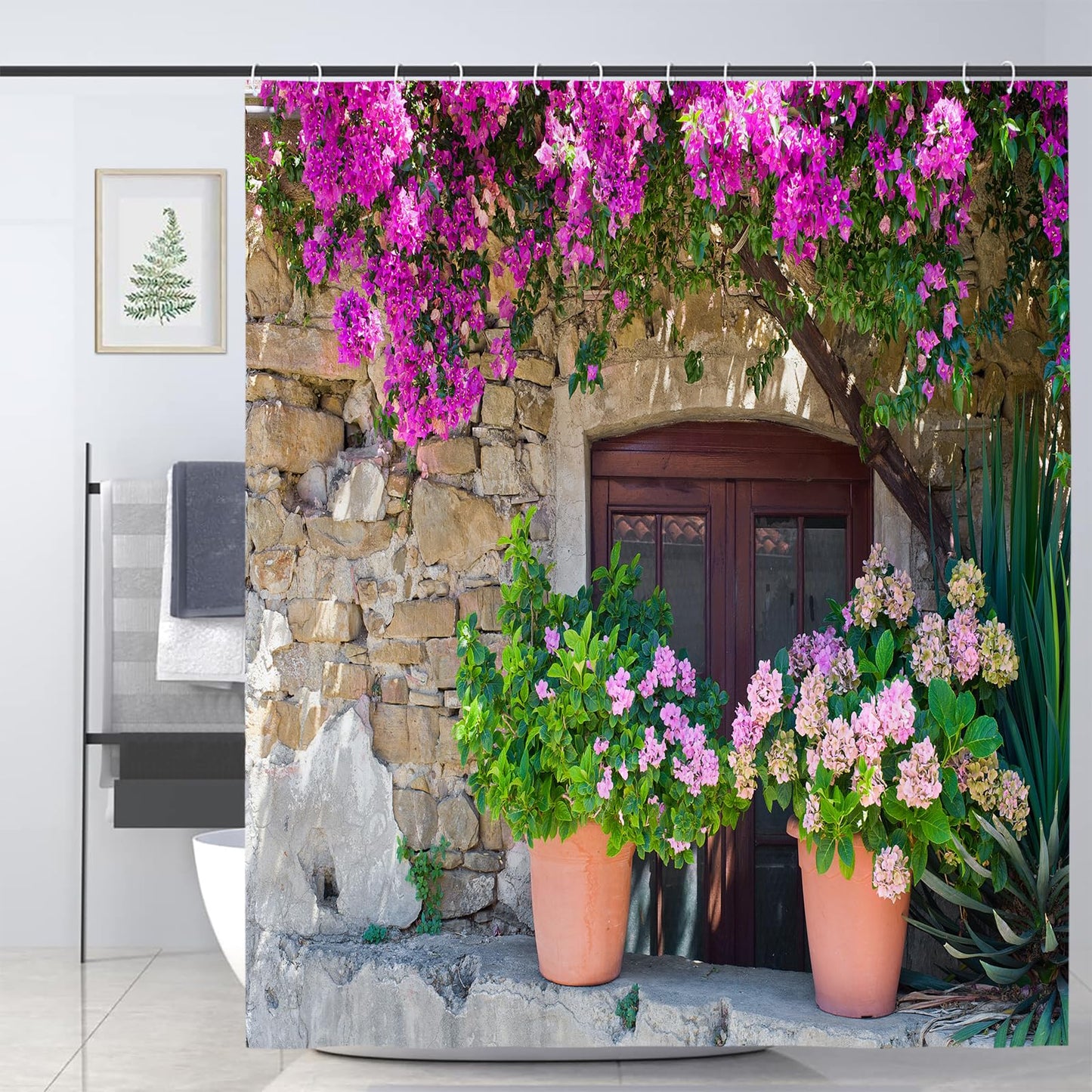 JOOCAR Italian Shower Curtain View of Stonewall House with Flowerpot Flower in Italy Rural Town Garden Bath Curtain Waterproof Shower Curtains for
