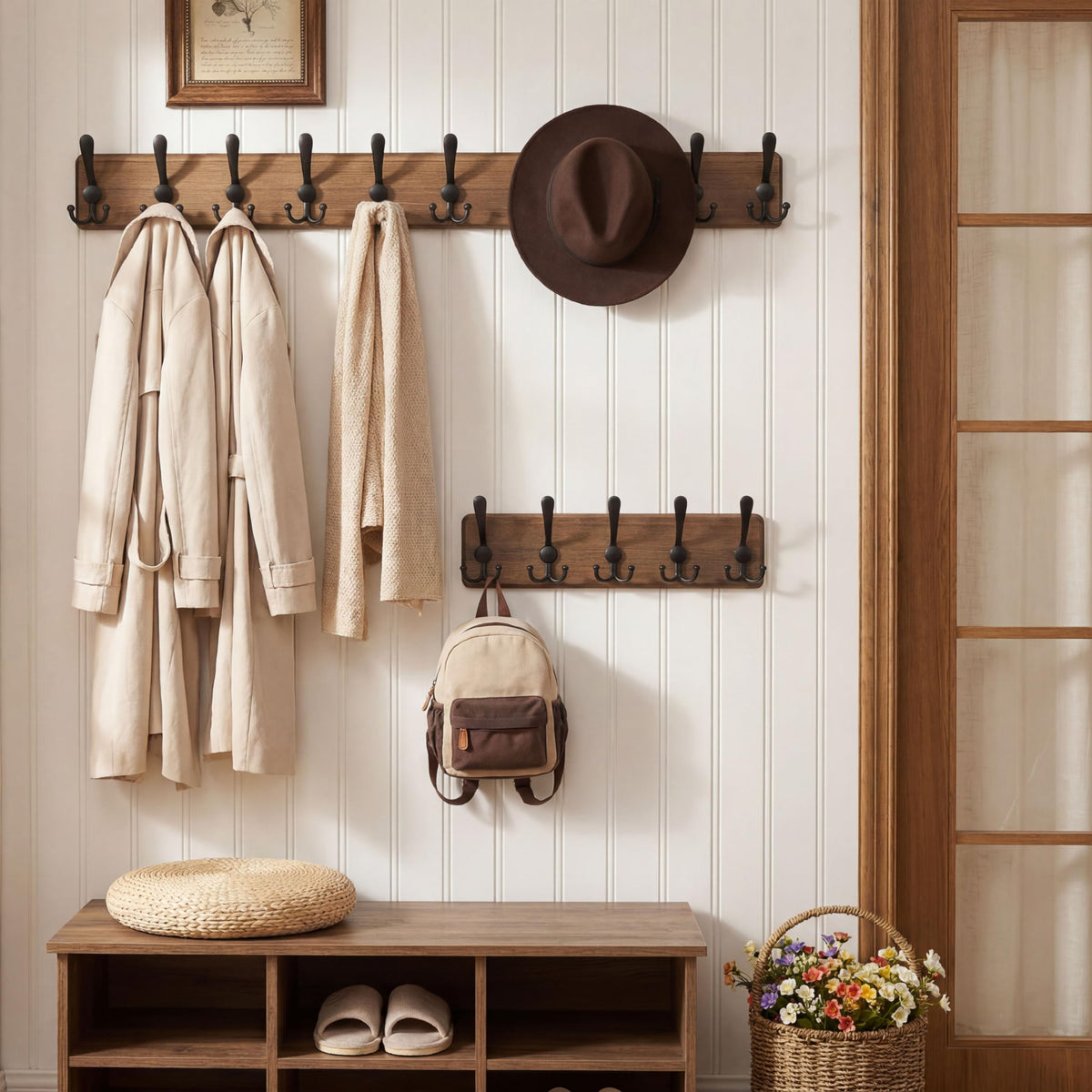 WEBI Coat Rack Wall Mount,Wood Coat Hooks Wall Mounted,16" Hole to Hole,Coat Hanger Wall,Hook Rack Rail,5 Triple Hooks for Hanging