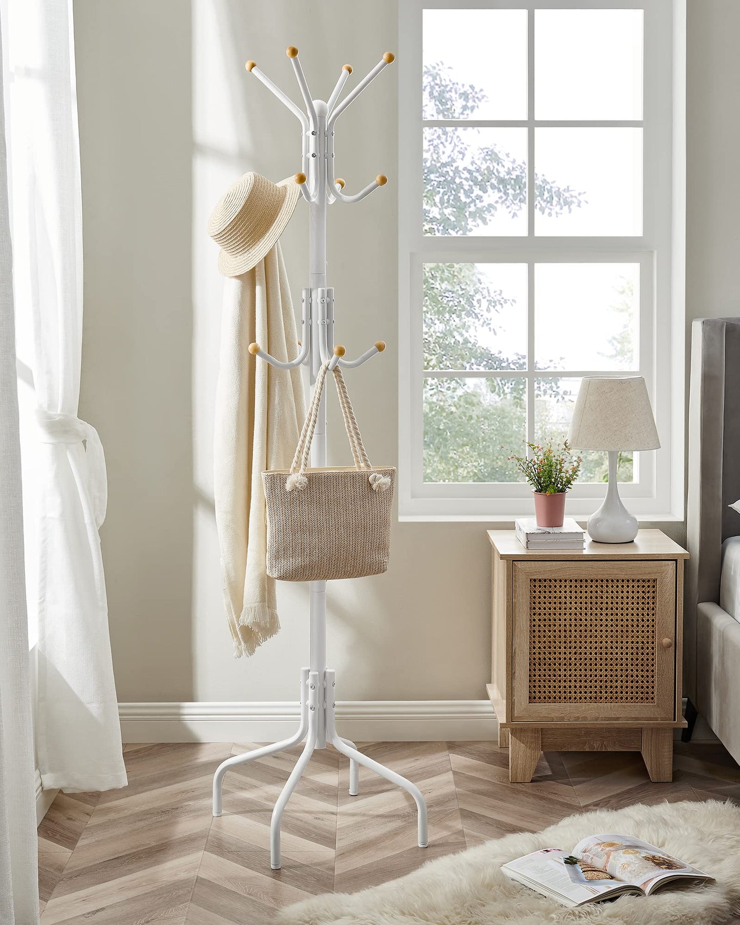 SONGMICS Coat Stand, Metal Coat Rack with 12 Hooks, 4 Legs, Hang Coats, Jackets, Hats, Bags, for Hallway Bedroom Office, White RCR031W01