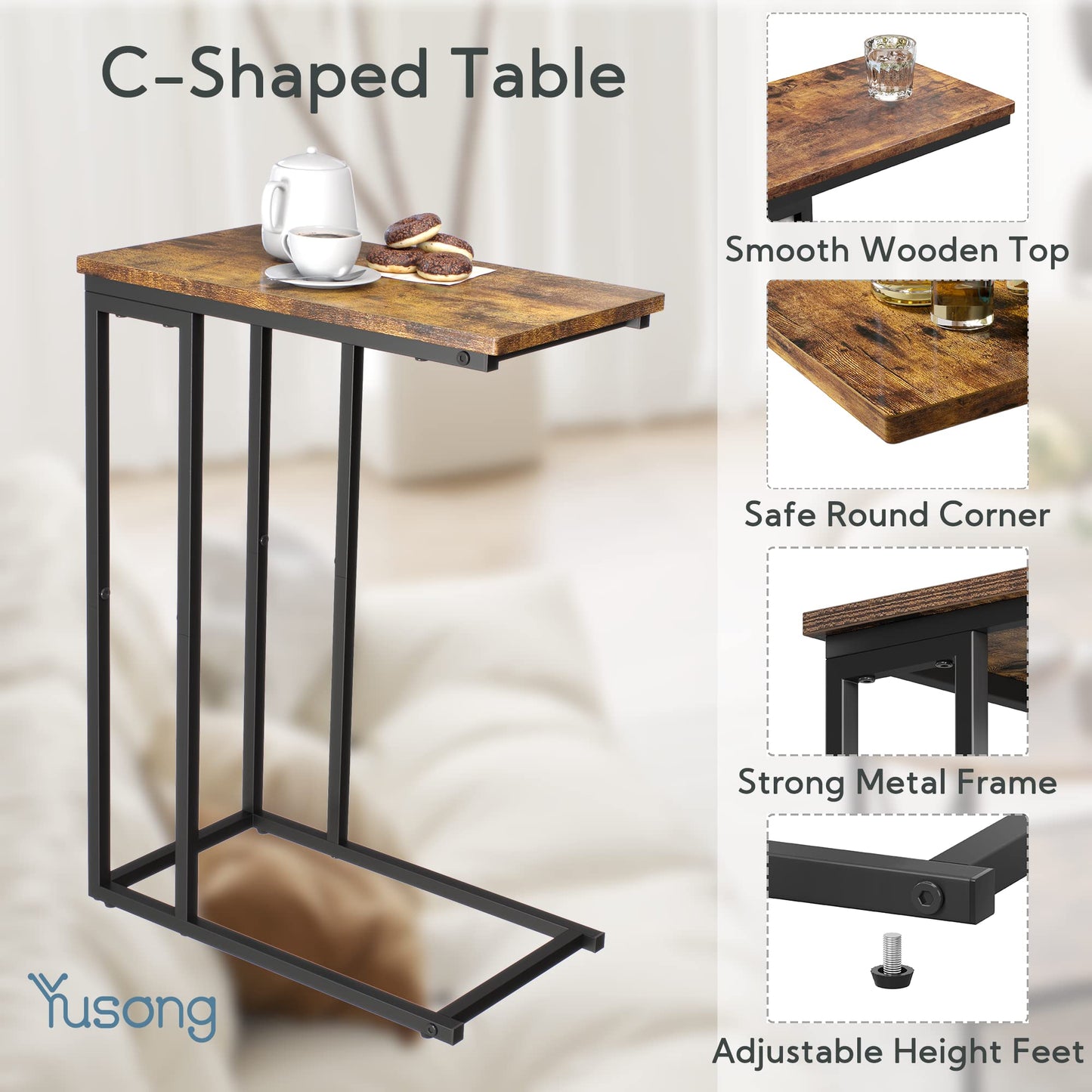 Yusong Small C Shaped End Table, Slim Narrow Couch Side Tables Slide Under Sofa Bed, Skinny Snack Tray Table for Coffee Laptop in Living Room, Rustic