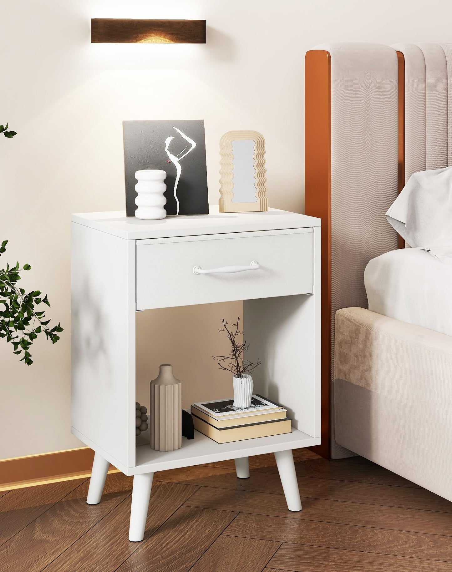 YMYNY Nightstand Set of 2, Bedside Table, Side Table with Fabric Drawer, Handle and Open Compartment, Solid Wood Legs