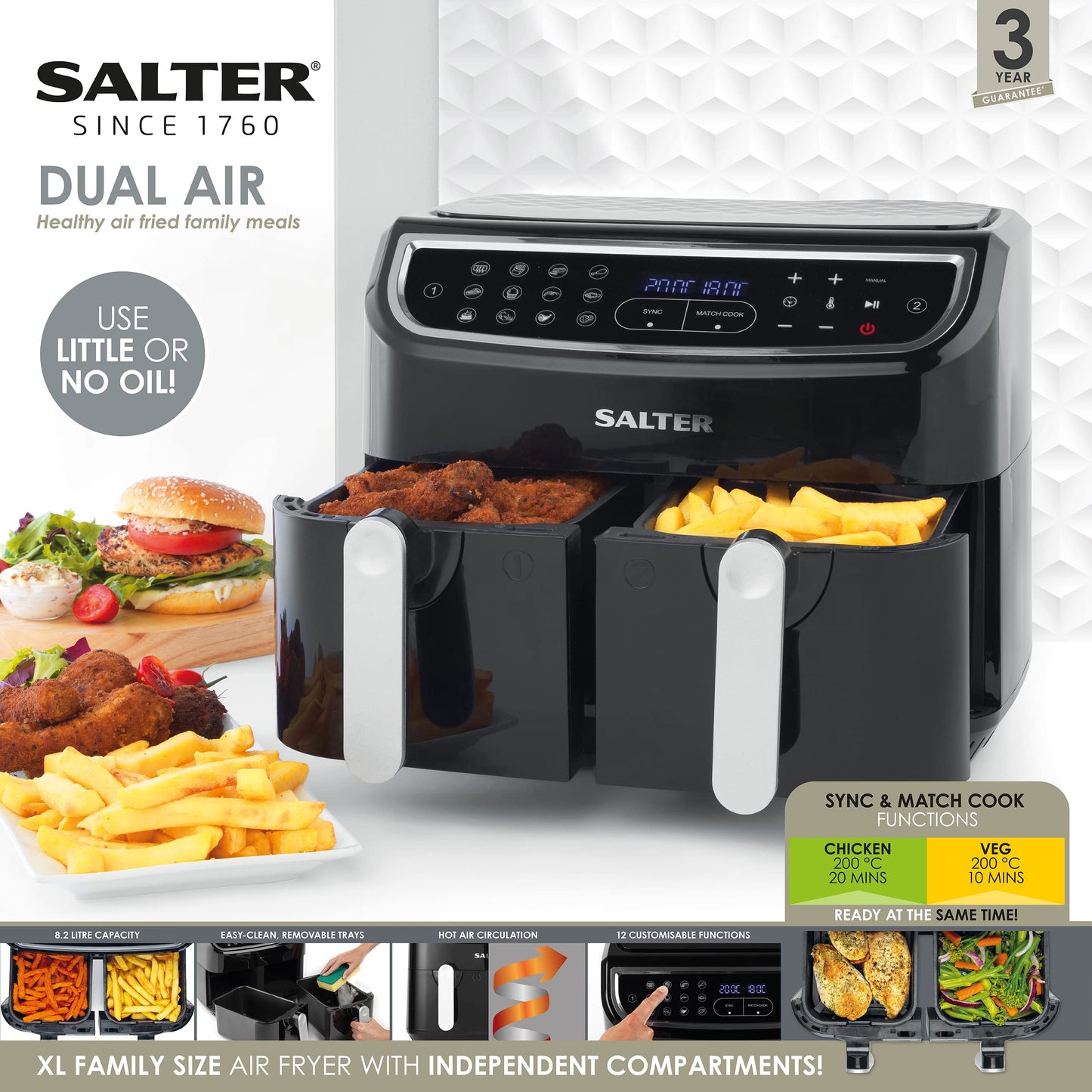 Salter EK4548 Dual Air Fryer - Double Drawer, 2 XL Non-Stick Cooking Trays, Sync & Match Cook Function, Independent Cooking, 8.2L, Sensor Touch