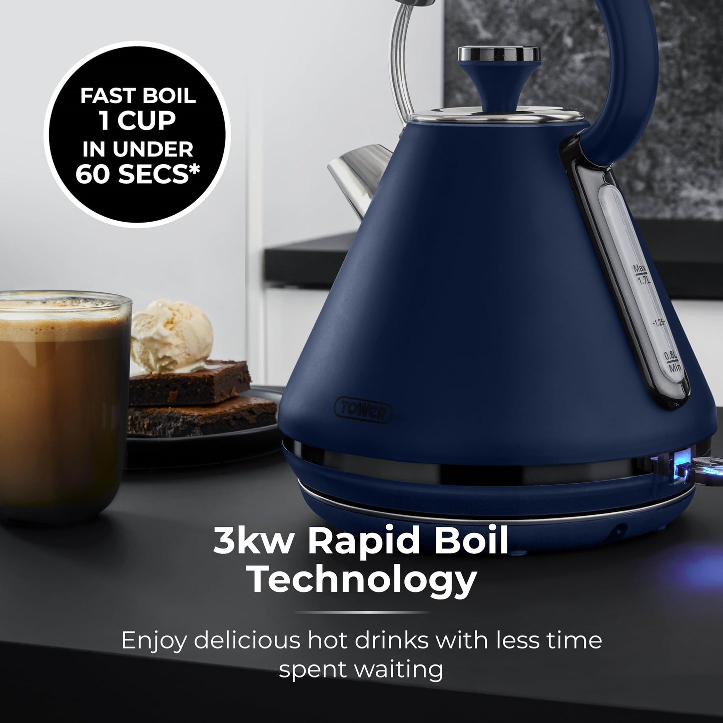 Tower T10079MNB Sera Pyramid Kettle with Smoked Black Trim, 1.7L, 3KW, Midnight Blue