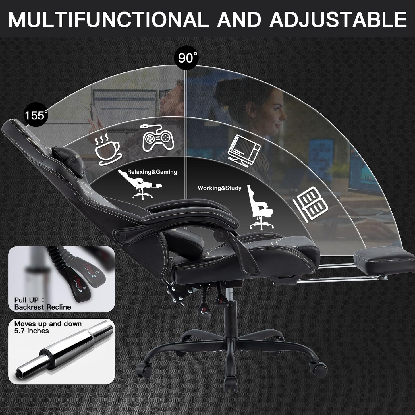 WOTSTA Gaming Chair, Ergonomic Gaming Chair, Computer Chair with Headrest and Lumbar, Racing Computer Chairs, Height Adjustable Rotating PC Chairs