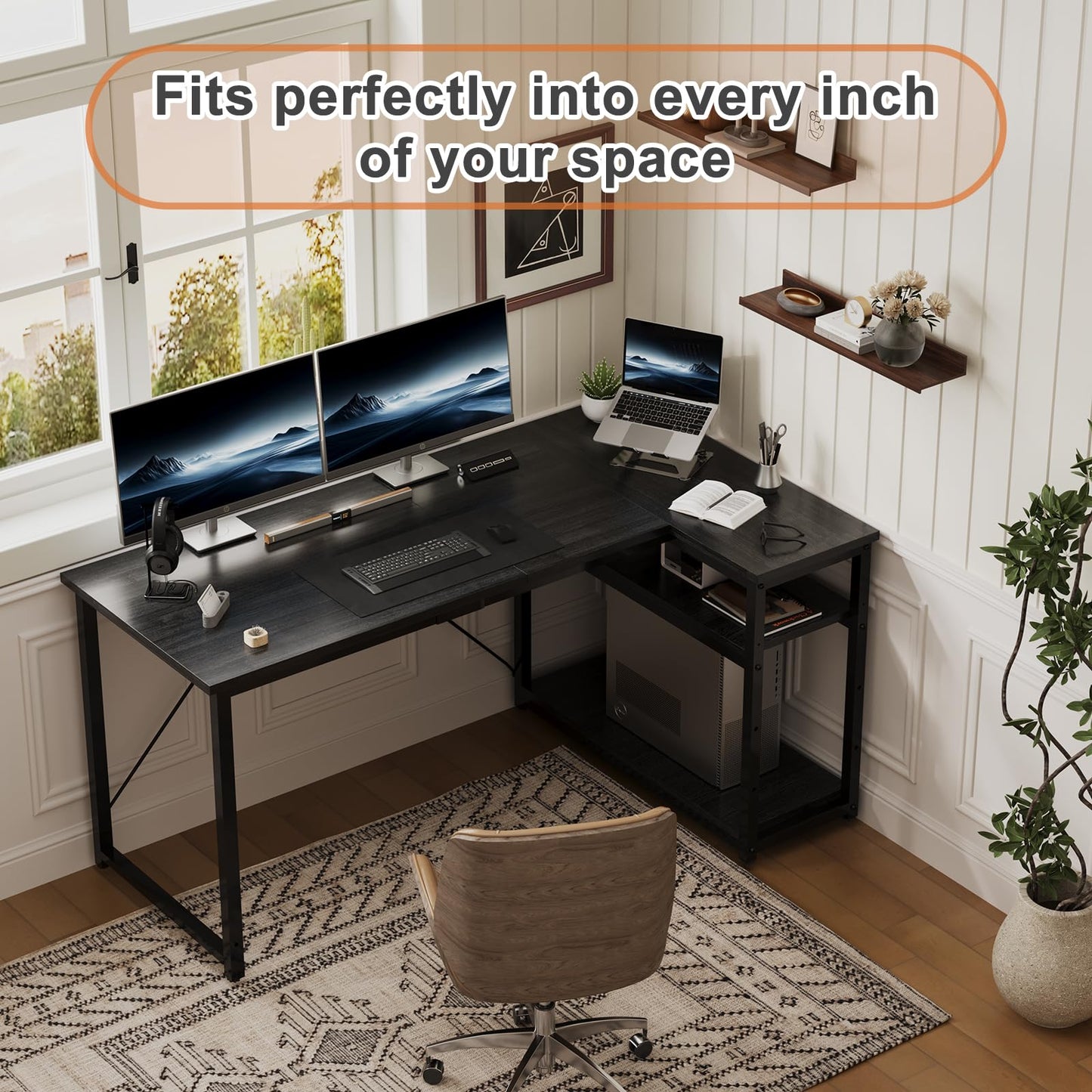 JUMMICO Small L Shaped Desk 100x80cm with Storage, Corner Computer Desk with Reversible Shelf, Sturdy Office Desk & Workstations for Home Office