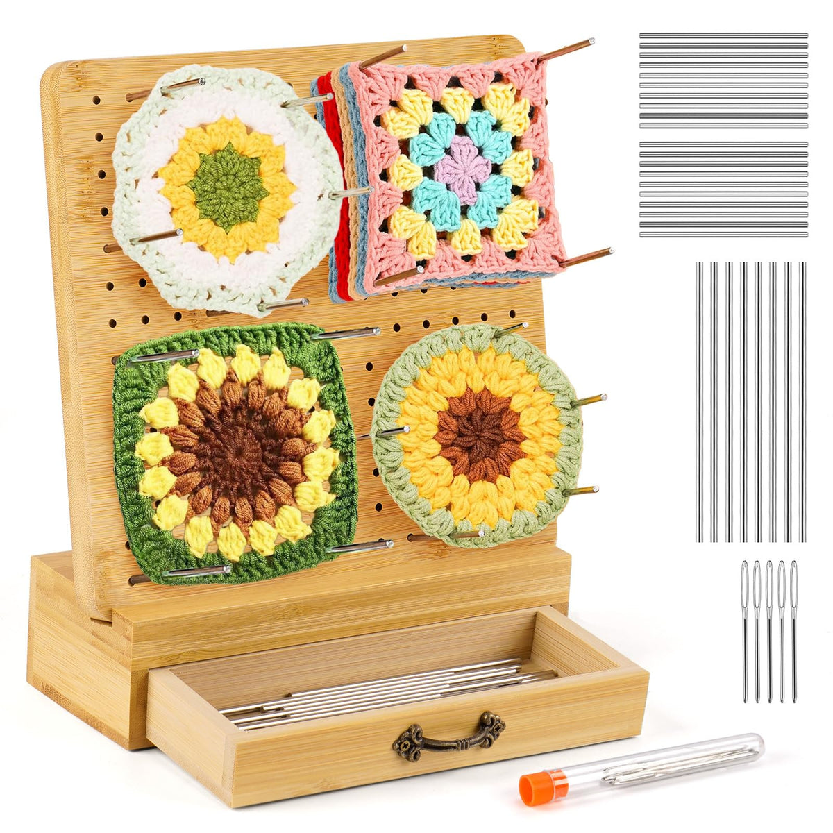 ilauke Crochet Blocking Board and Pins, 7.9inch Blocking Board for Crochet, Handcrafted Wooden Blocking Board with Metal Pins for Crochet, Knitting