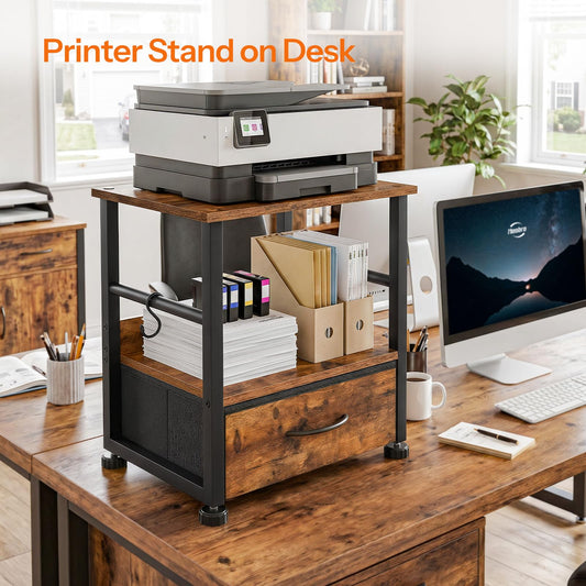 HOOBRO 2-Tier Printer Stand with Drawer, Under Desk Printer Table, Printer Cart with Storage, with Casters/Adjustable Feet, for Home Office, Study
