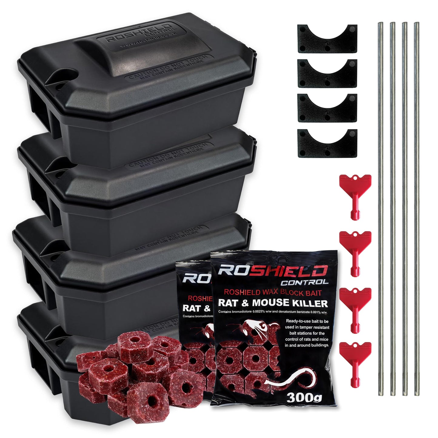 ROSHIELD External Tamper Proof Rodent Boxes & Wax Bait Rat Killer Poison Block Kit (4 Boxes & 300 gr Blocks)