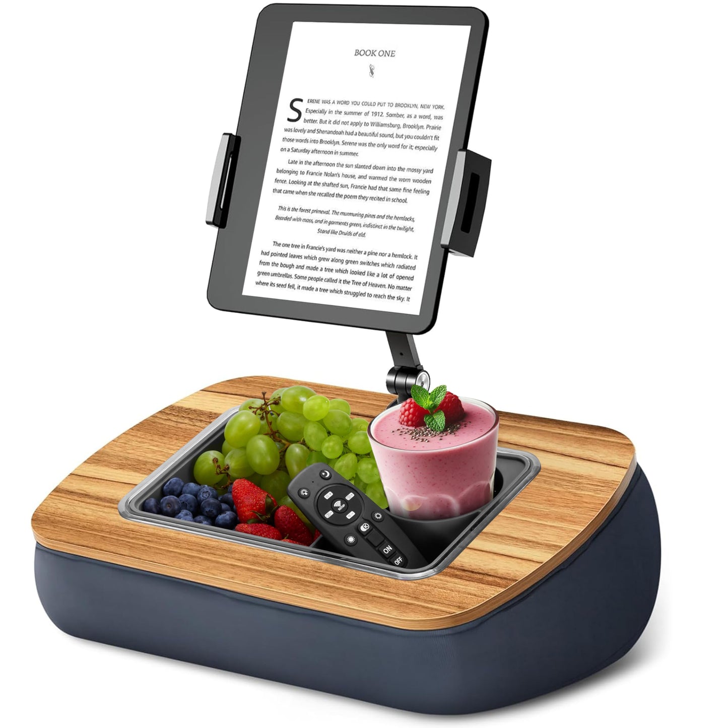 Kindle Holder for Reading in Bed with Removeable Snack Tray (Dish-Washable) with Cup Holder, 360? Adjustable Stand Compatible with 4.7-13"