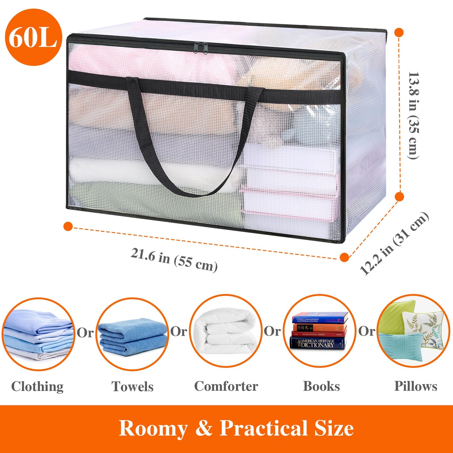 Vieshful 3 Pack 60L Clear Clothes Storage Bag with Handles