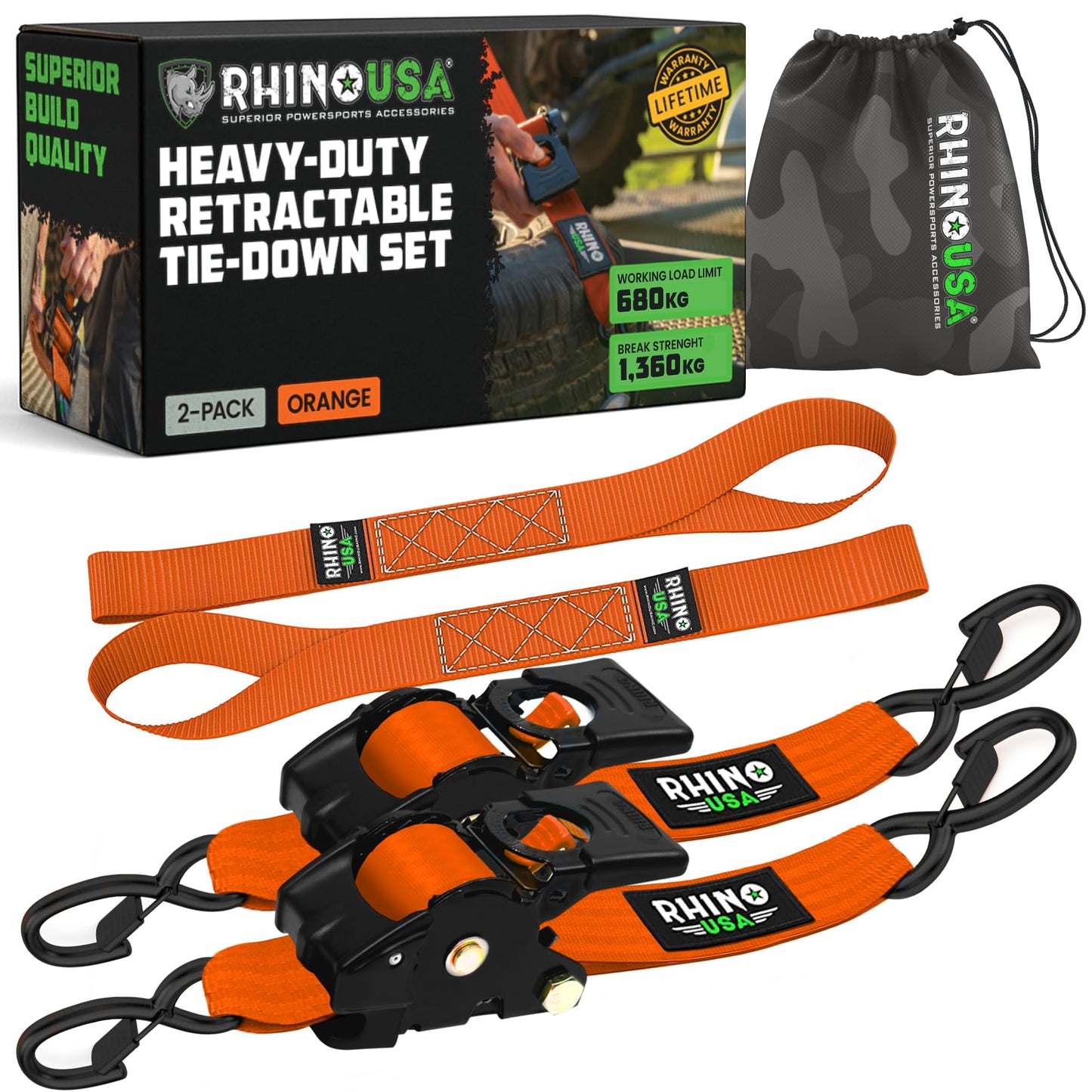 Rhino USA Retractable Ratchet Straps (2-Pack) - 5cm x 3m (1,360kg Break Strength) - Heavy Duty Auto Self-Retracting Tie Down Straps for Truck, Cargo