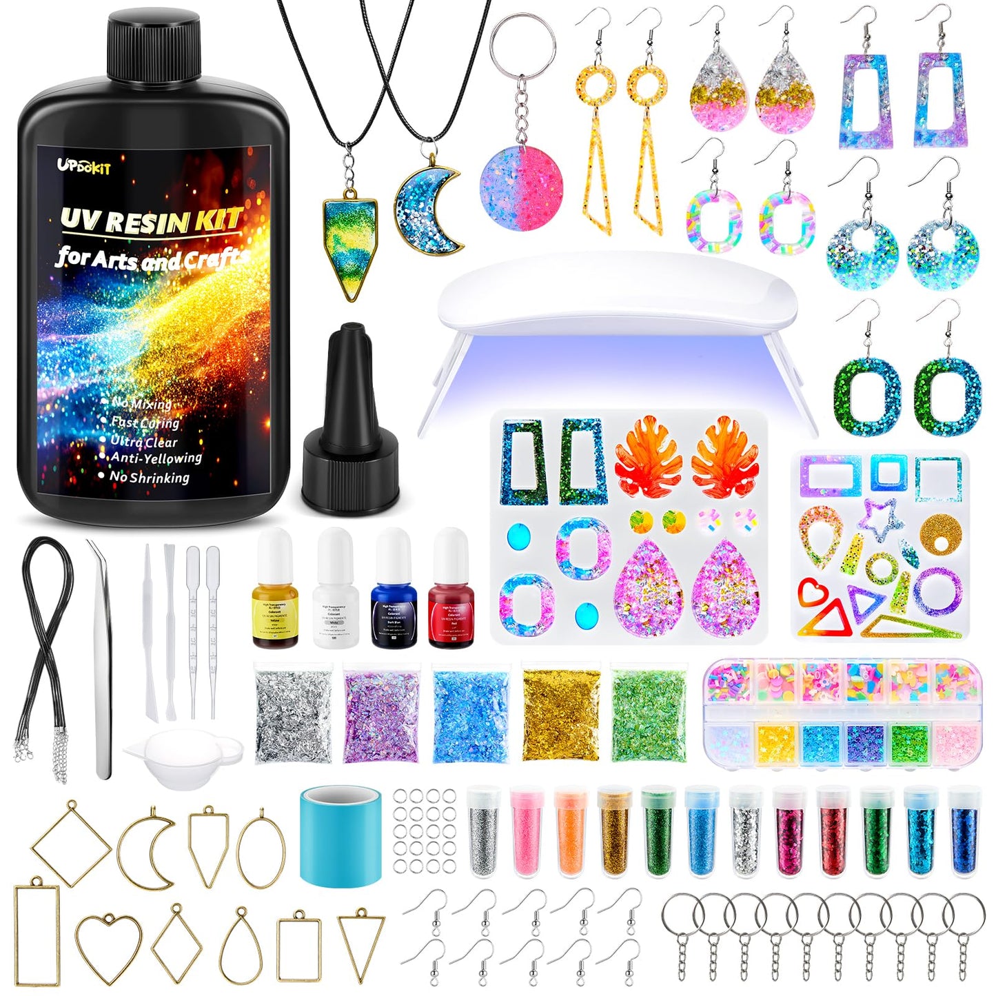 UPDOKIT UV Resin Kit with Lamp and 2 Resin Moulds Silicone and More Resin Accessories, Jewelry Making Kit with 250g Crystal Clear UV Resin, Craft Kit
