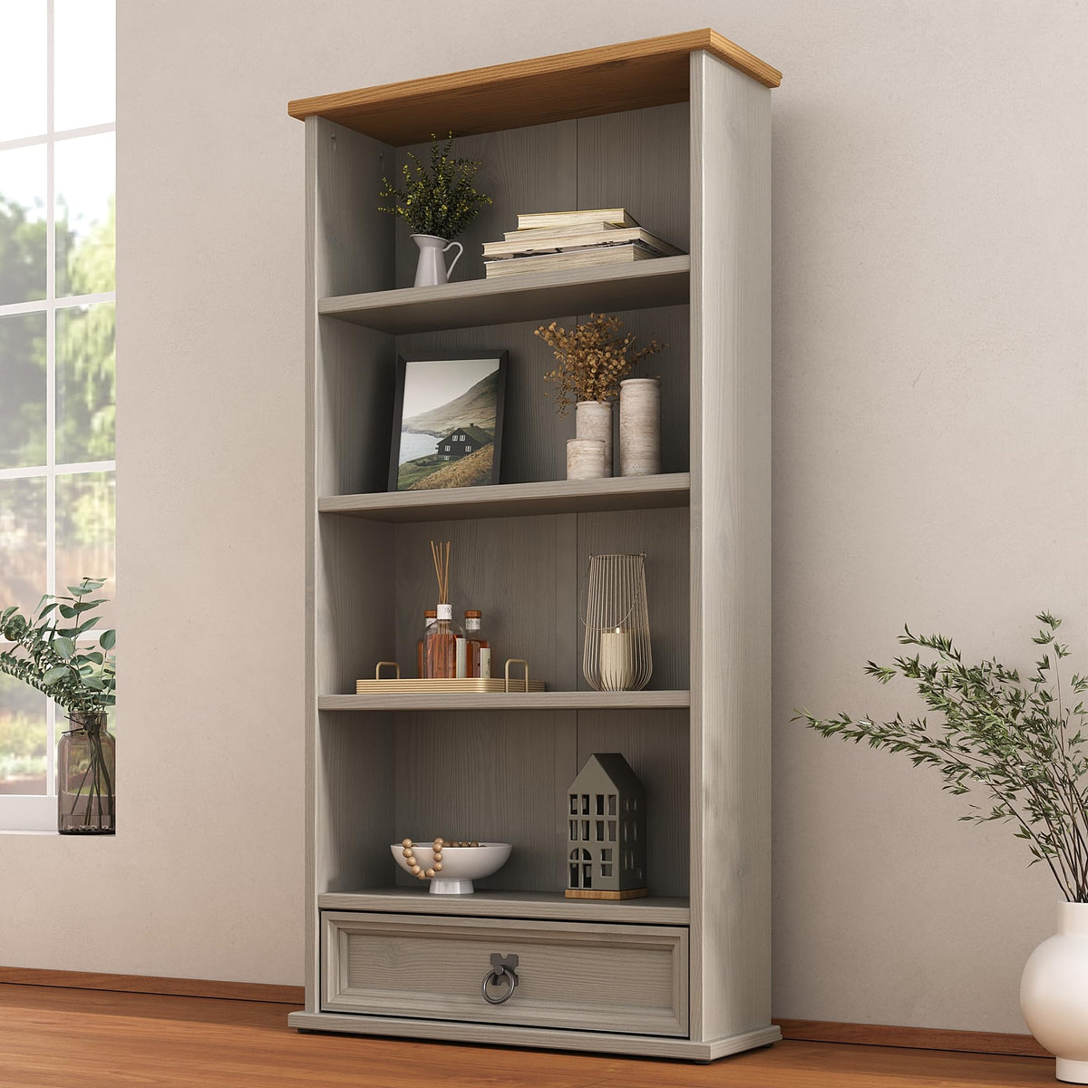 Mews Corona DVD Bookcase Rack Grey 1 Drawer CD Storage Unit Mexican Solid Pine