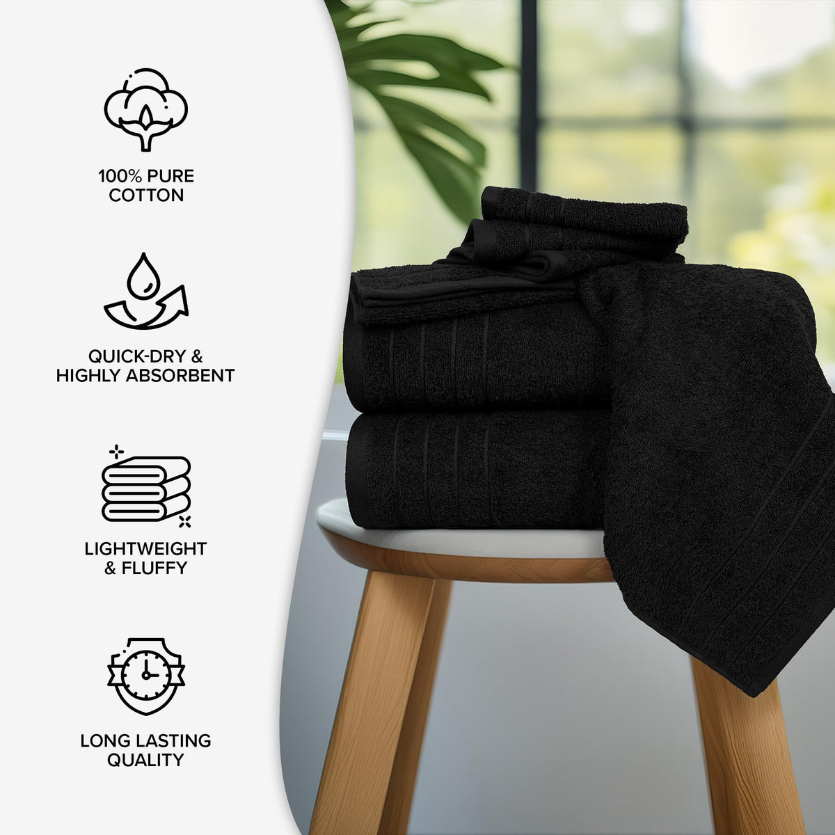 100% Cotton 8 Piece Towel Bale Set - Luxury Bathroom Towels (Black)